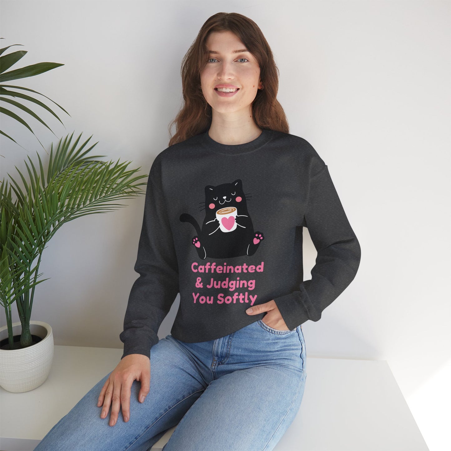 Caffeinated & Judging You Softly Cat Sweatshirt | Funny Coffee Lover Crewneck