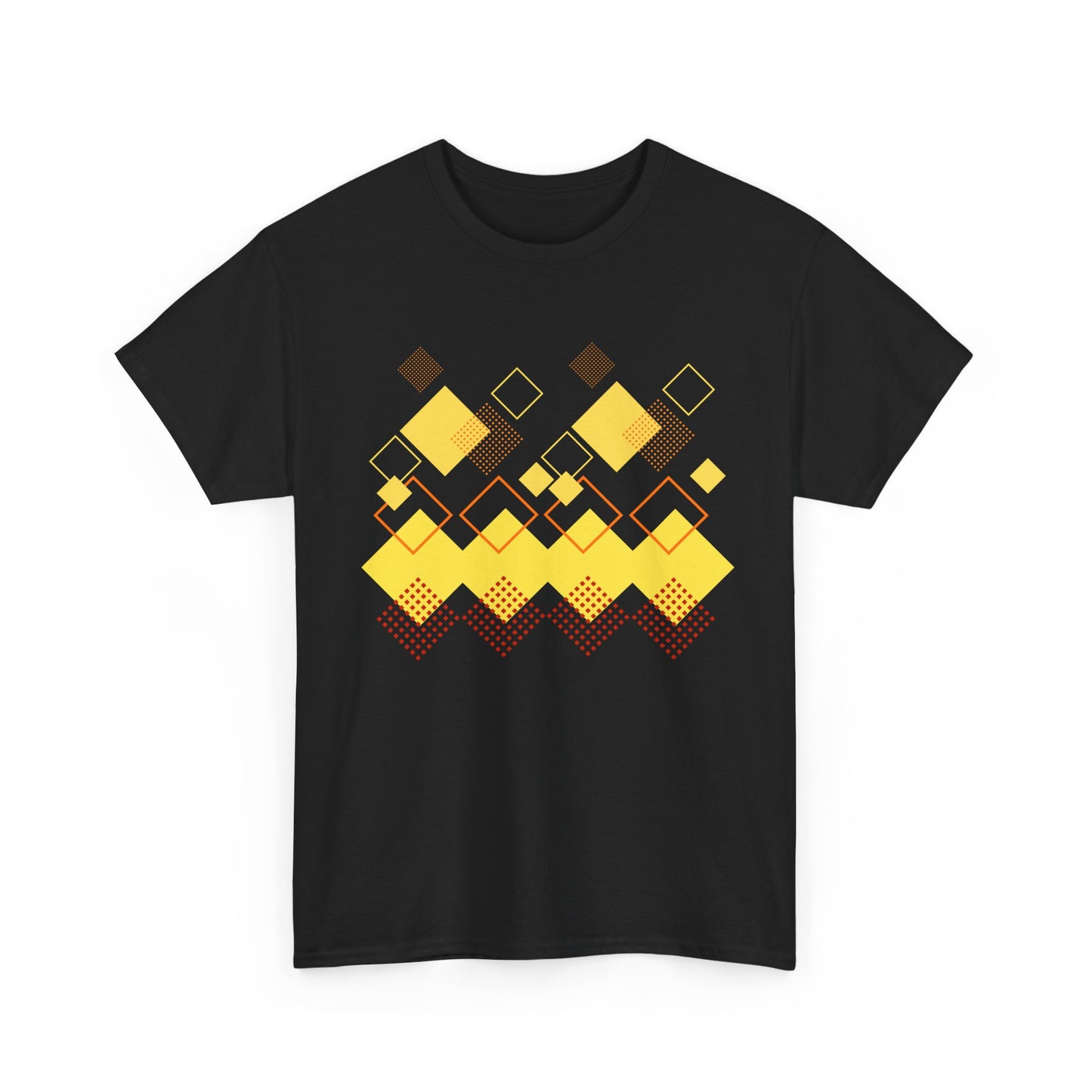 Geometric Diamond Pattern T-Shirt, Retro Pixel Art Tee, Golden Crown Graphic Shirt, Abstract Squares Design, Unisex Minimalist Black Tee
