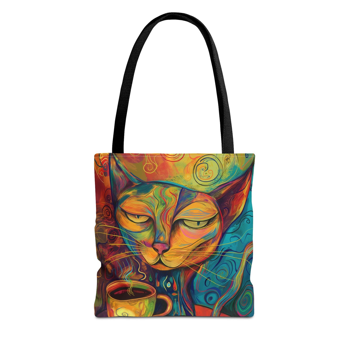 Chic Cat & Coffee Tote Artistic AOP Shopper Bag, Reusable Tote for Women, Cute Gift for Cat Lovers