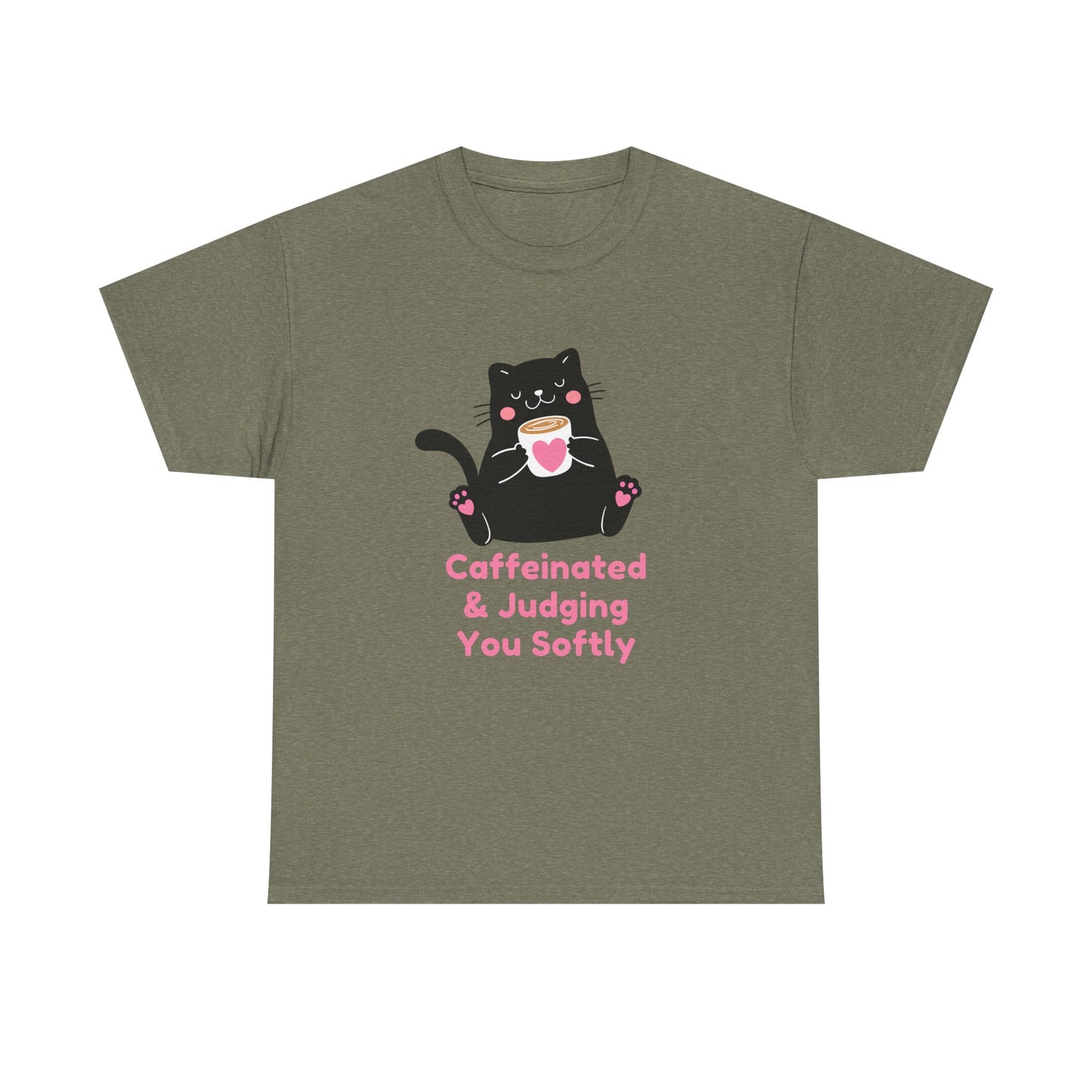 Caffeinated & Judging You Softly Cat T-Shirt | Cute Coffee Lover Graphic Tee