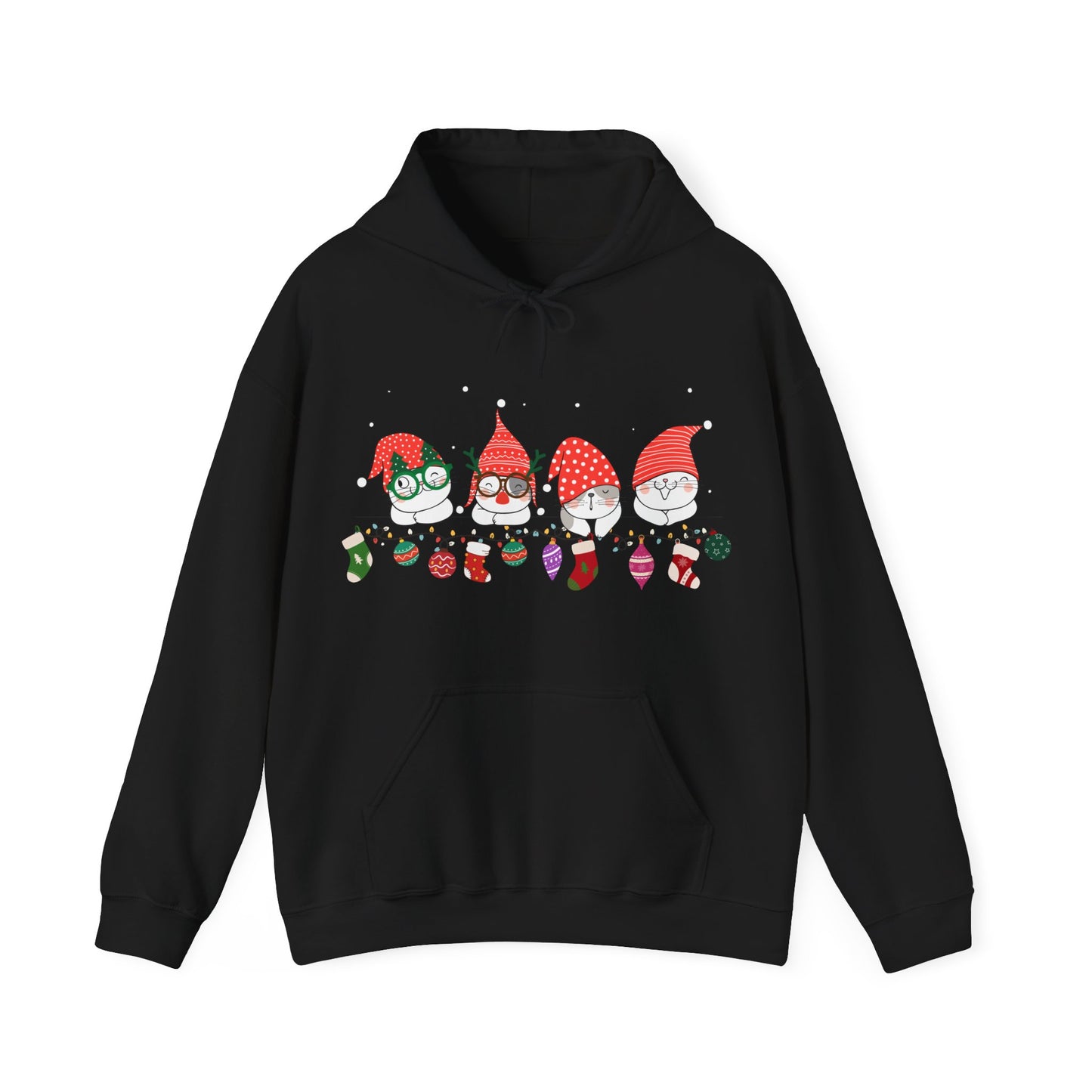 Holiday Cat Gnome Hoodie with Stockings and Ornaments