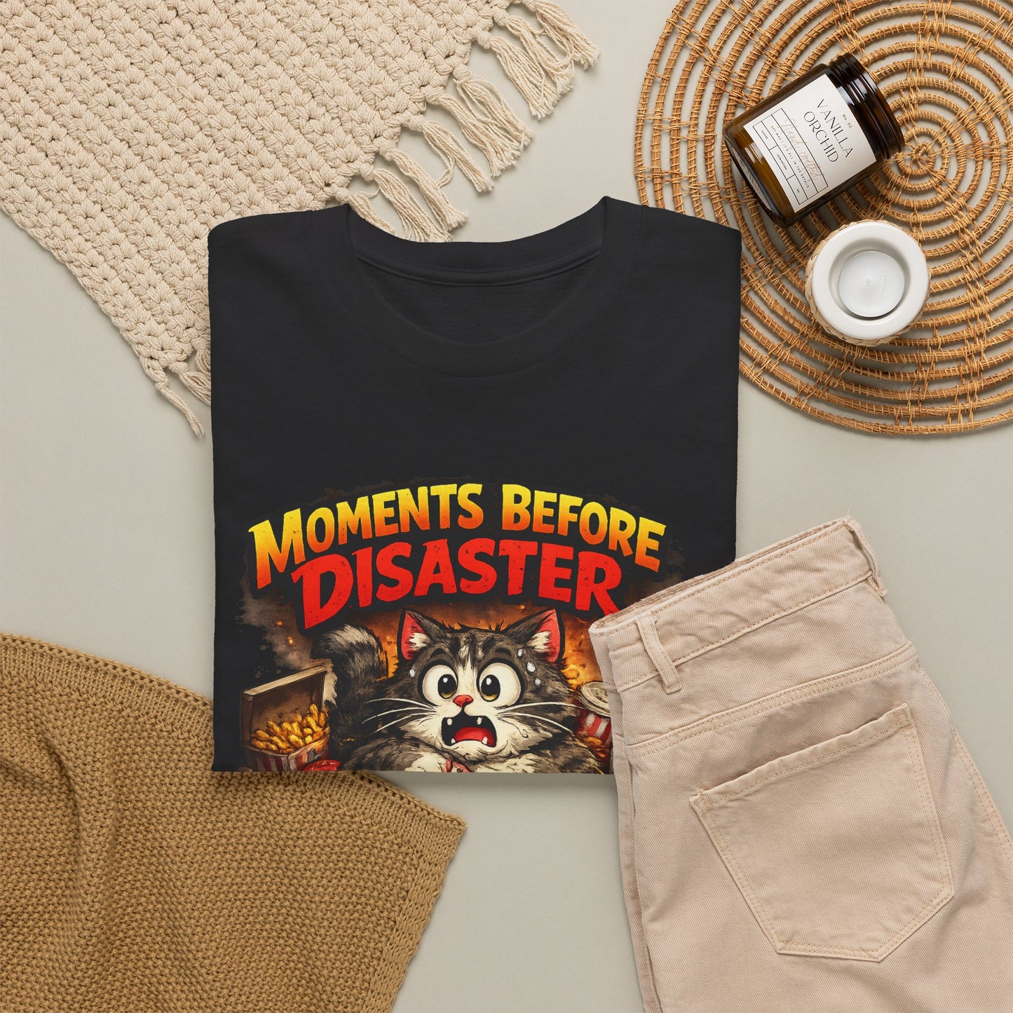 Moments Before Disaster Cat Tee | Funny Retro Fat Cat Graphic T-Shirt | Cute Chaos Cat Lover Shirt