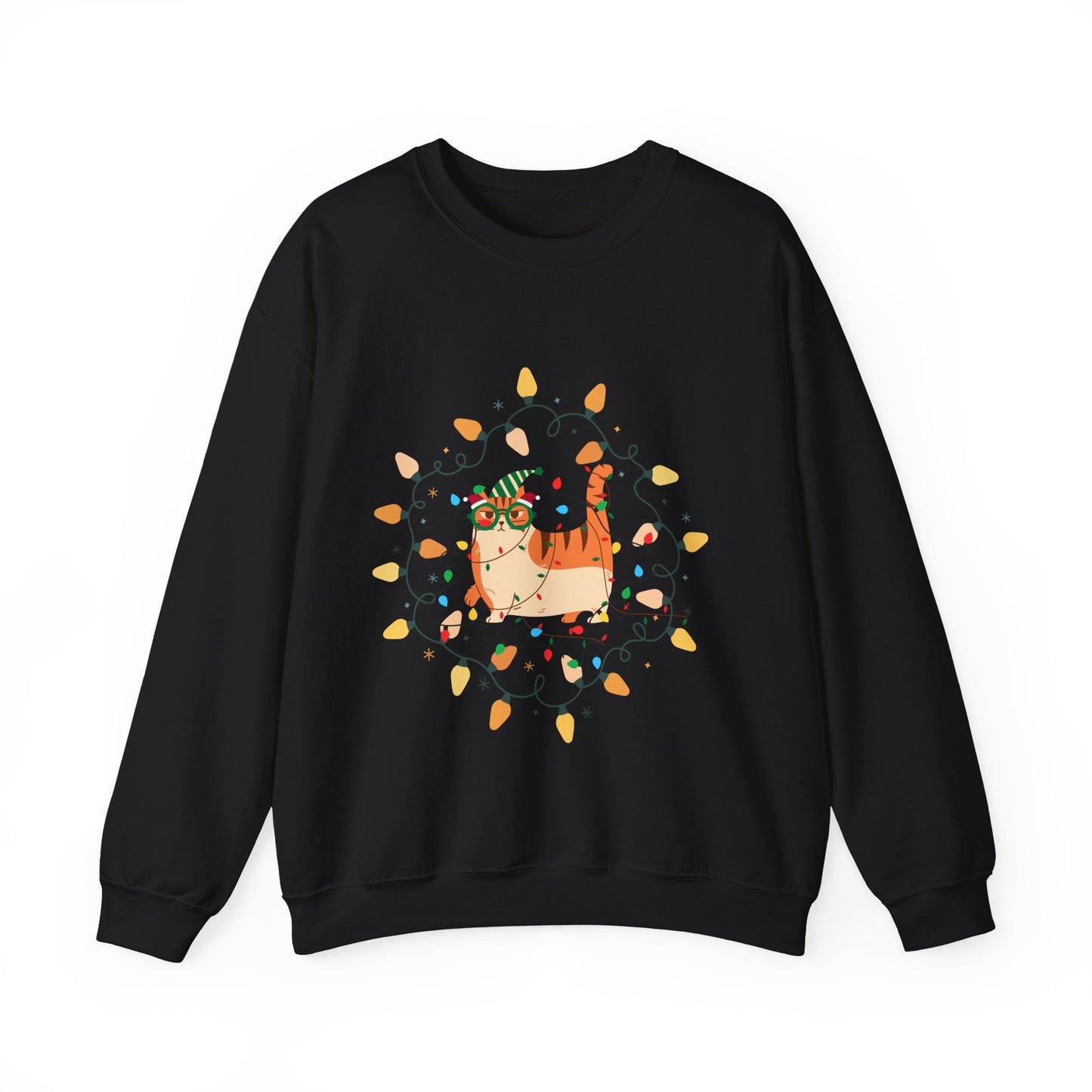 Holiday Cat Sweatshirt – Cute Festive Lights Christmas Crewneck