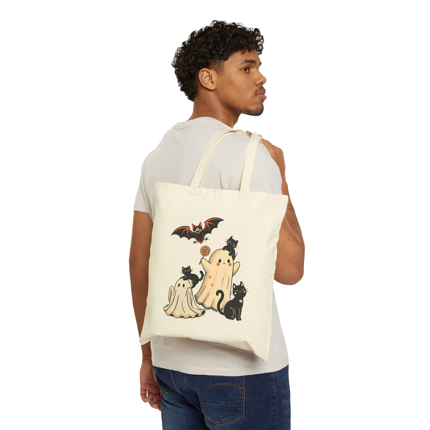 Halloween Ghost & Cats Cotton Canvas Tote Bag, Trick or Treat