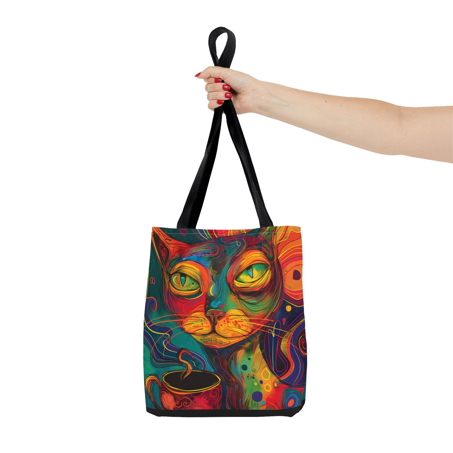 Abstract Cat Coffee Tote Bag AOP Reusable Shopping Bag, Durable Polyester Cat Lover Gift for Coffee Fans