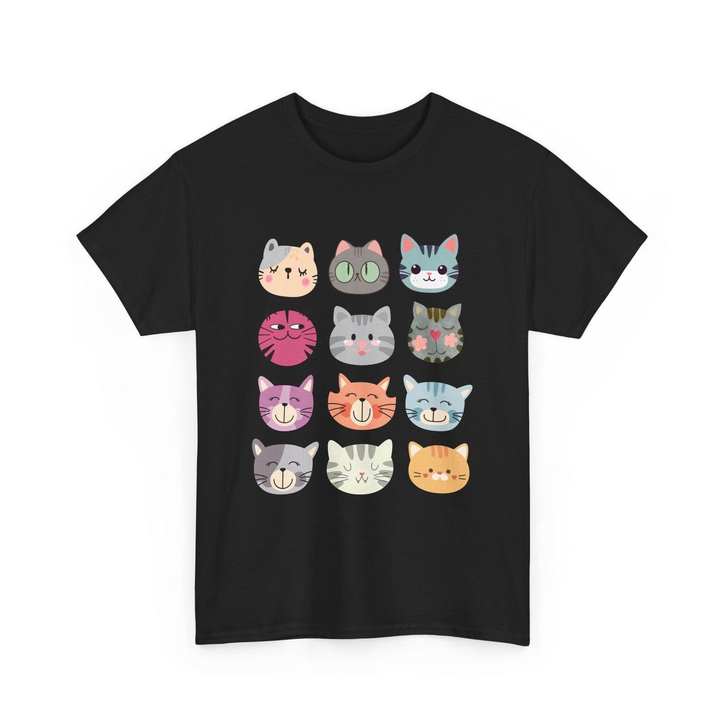 Cute Cat Faces T-Shirt, Cartoon Cat Lover Tee, Colorful Kitty Graphic Shirt, Funny Cat Mom Gift, Kawaii Cat Tee, Unisex Heavy Cotton Tee