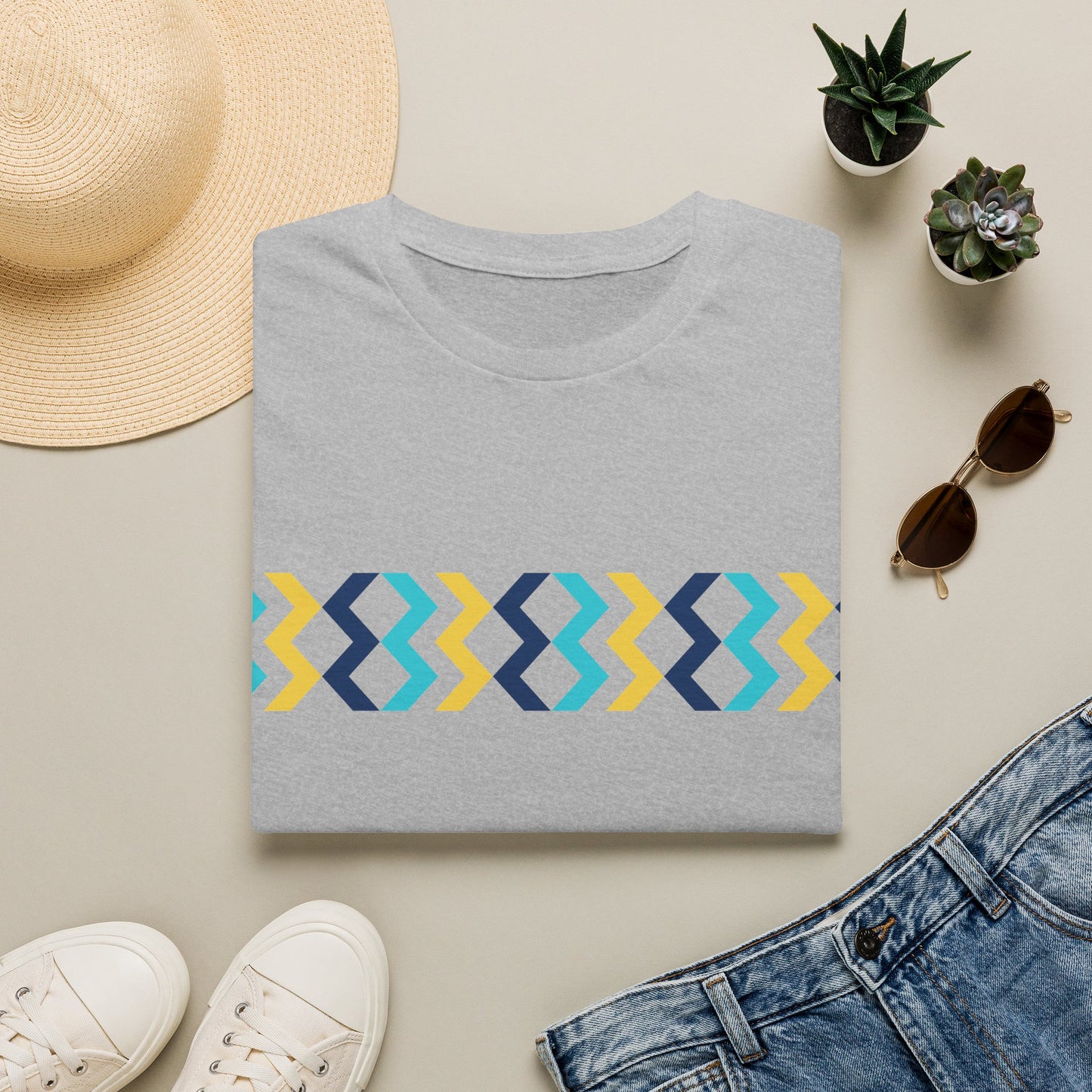 Geometric Chevron Stripe T-Shirt — Modern Blue & Yellow Pattern
