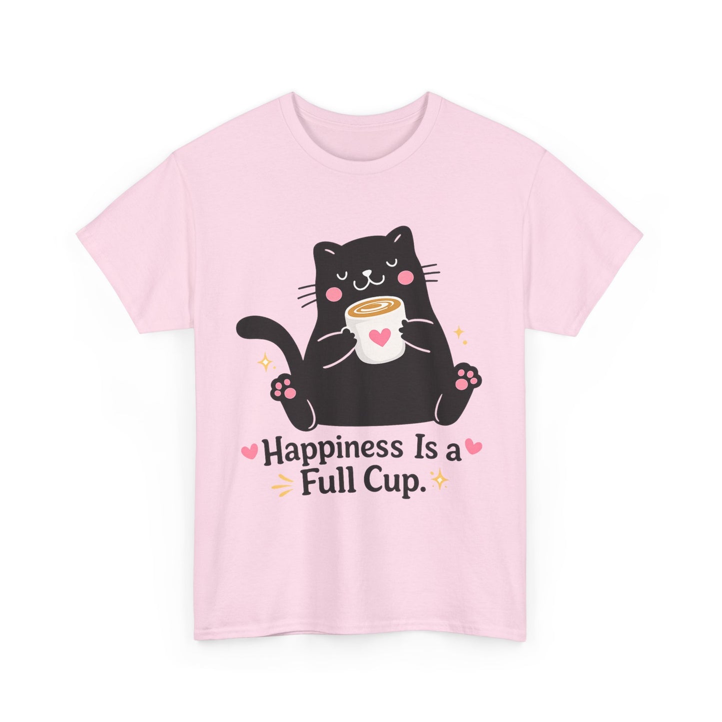 Happiness Is a Full Cup Cat T-Shirt | Cute Coffee Lover Tee, Funny Black Cat Graphic Shirt, Cozy Cat Mom Gift, Unisex Coffee Lover Tee