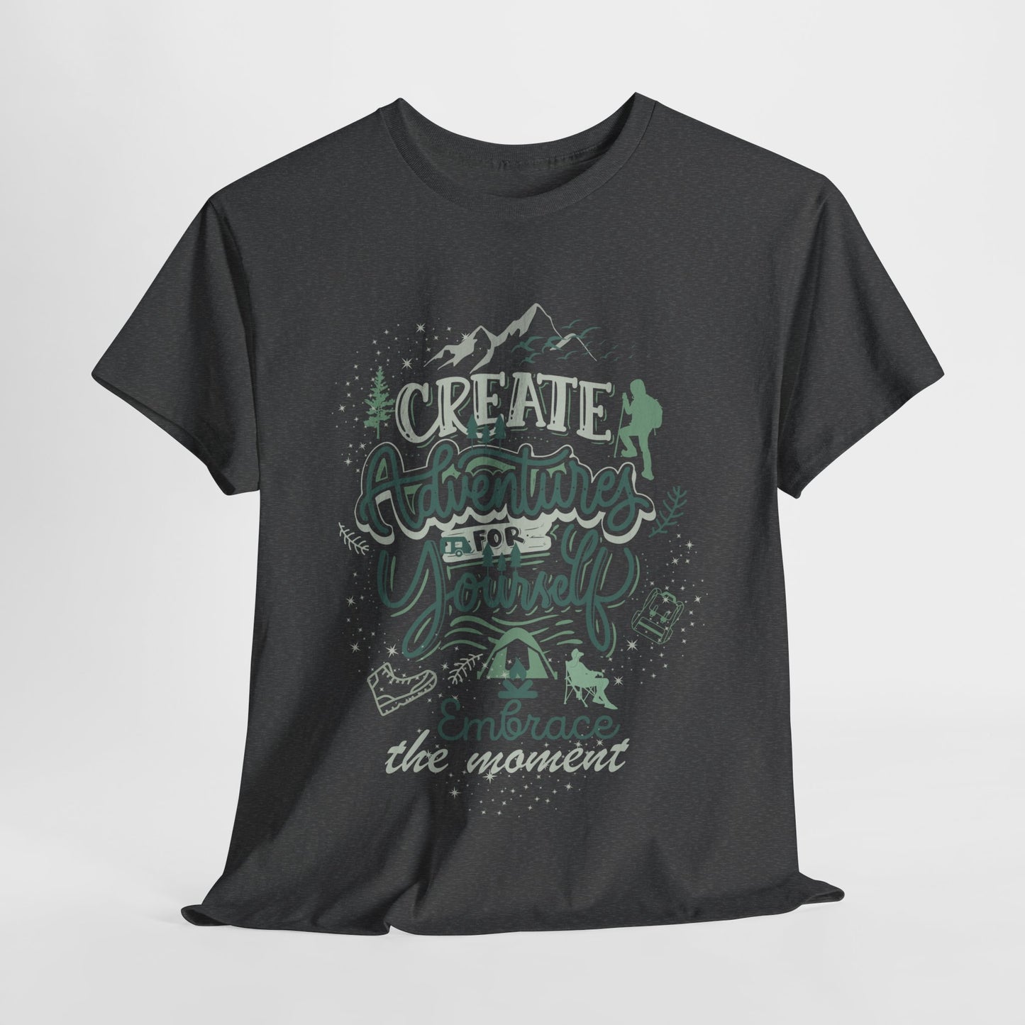 Adventure Awaits Unisex Heavy Cotton Tee, Travel Shirt, Inspirational Apparel, Nature Lover Gift, Casual Wear, Outdoor Adventures