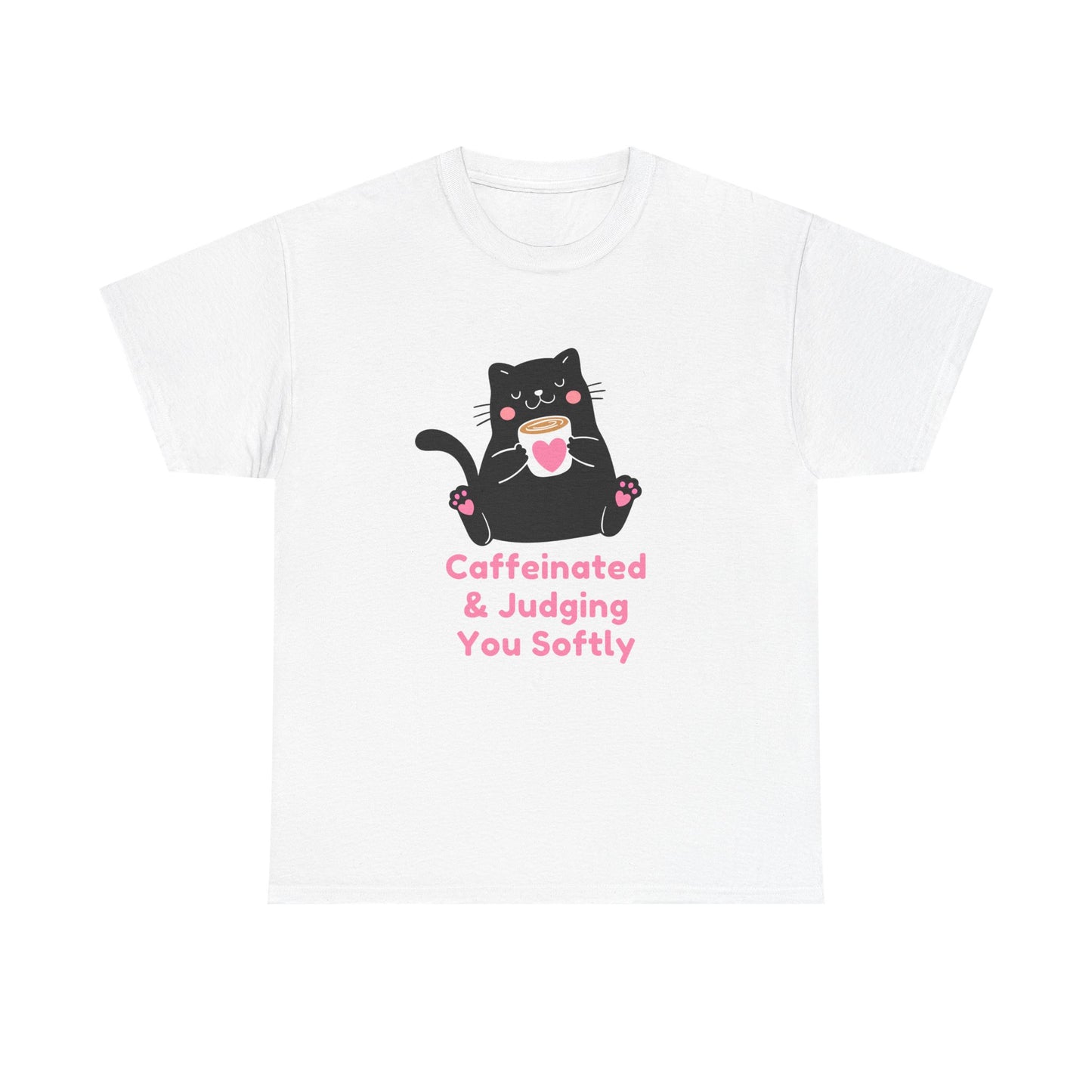 Caffeinated & Judging You Softly Cat T-Shirt | Cute Coffee Lover Graphic Tee