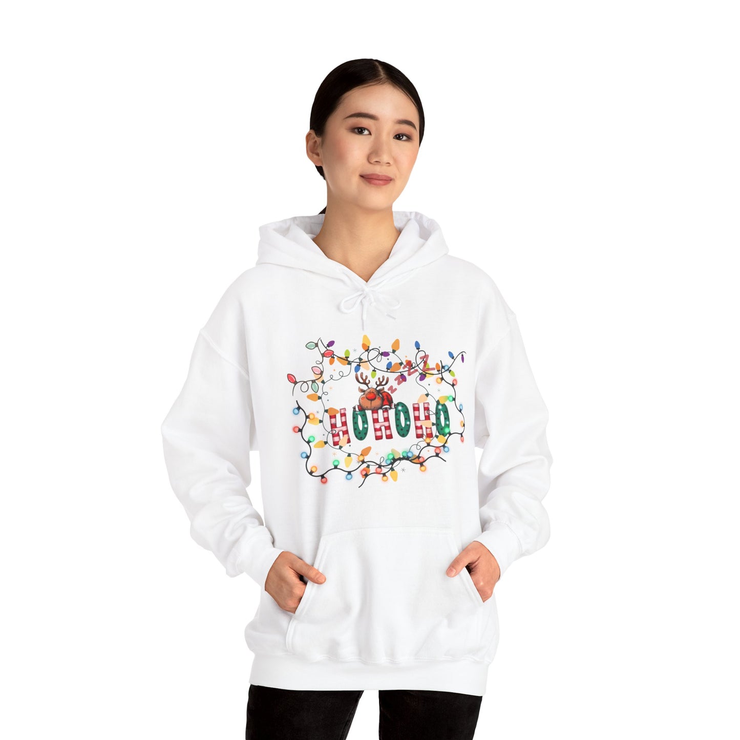 Christmas Reindeer 'HOHOHO' Hoodie - Cute Sleeping Rudolph Holiday Sweatshirt