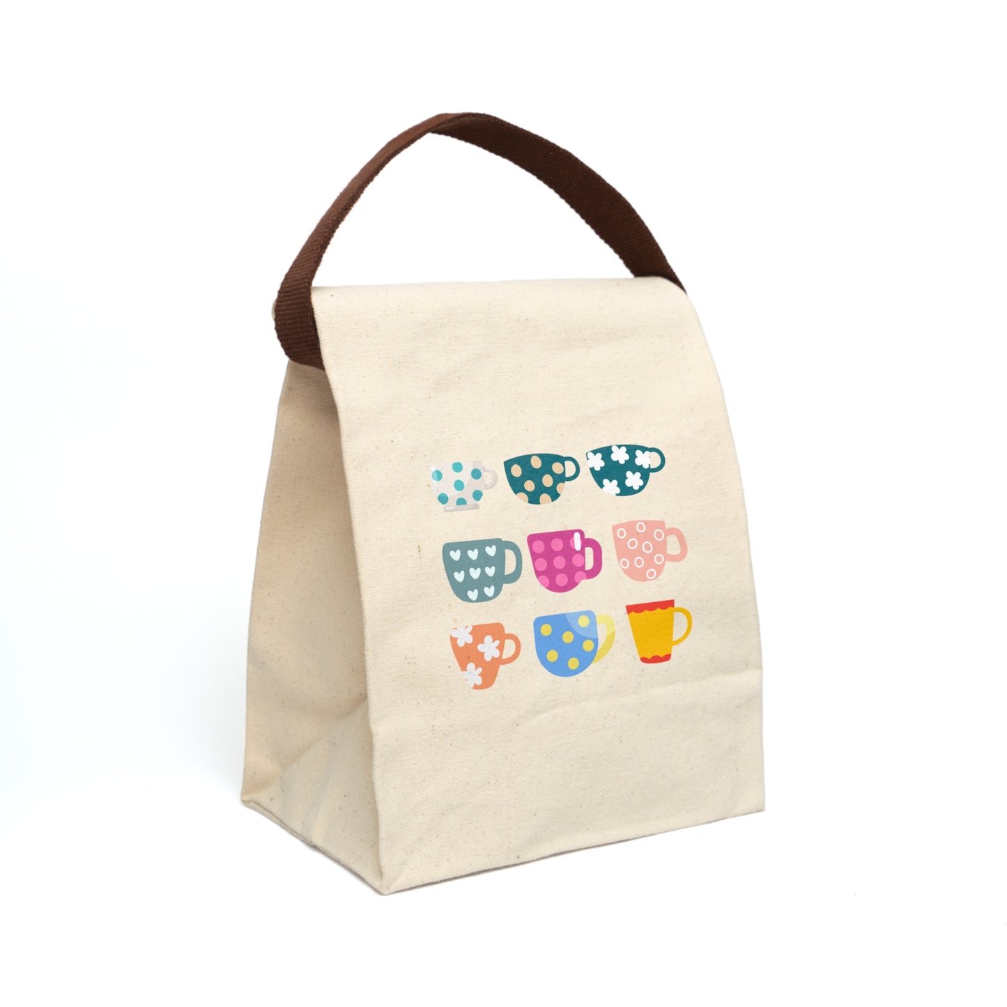 Cute Canvas Lunch Bag with Colorful Mug Design, Lunch Tote for Adults and Kids, Perfect for Back to School, Picnics, and Work