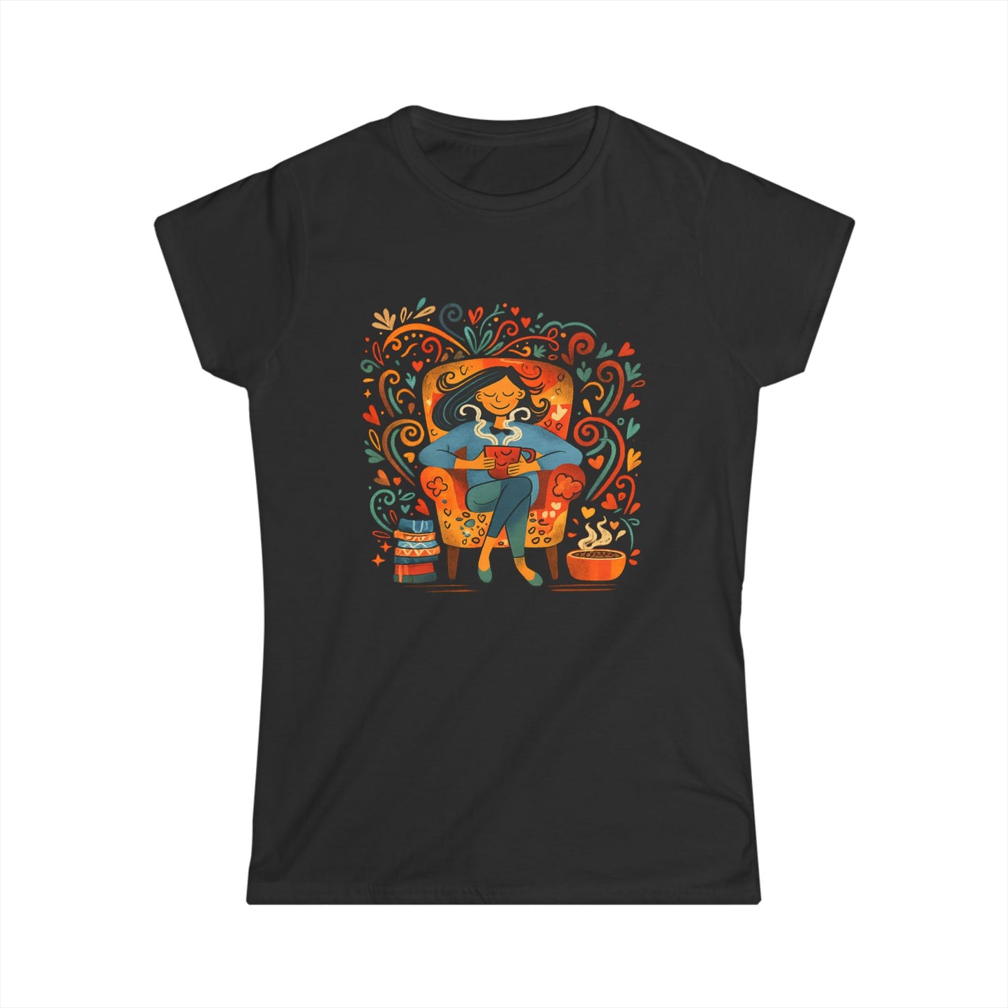 Graphic Tee — Cozy Reading Cat Lady Illustration