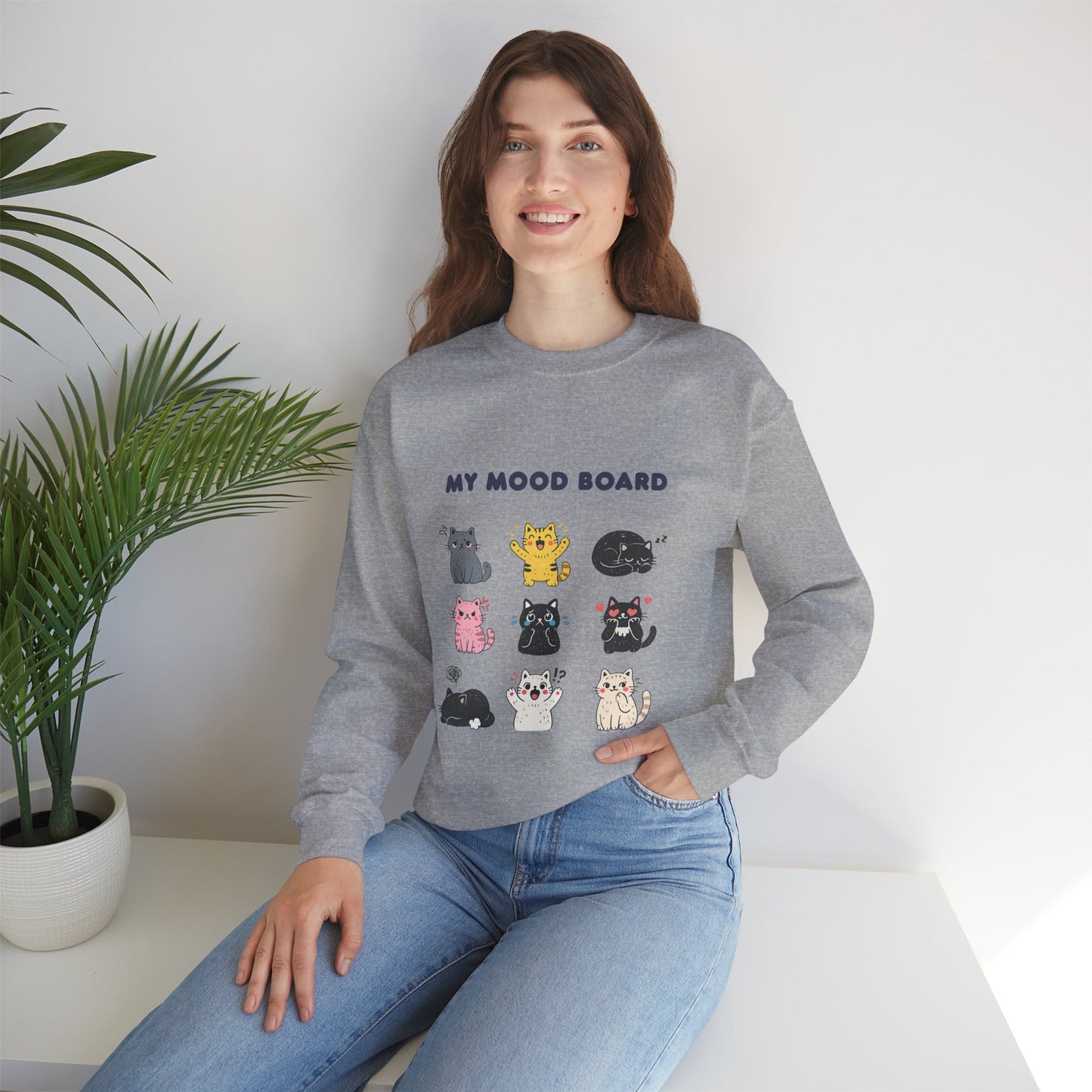 Cute Cat Mood Board Crewneck Sweatshirt, Funny Cat Graphic Pullover, Cozy Unisex Cat Lover Sweater, Pet Lover Gift