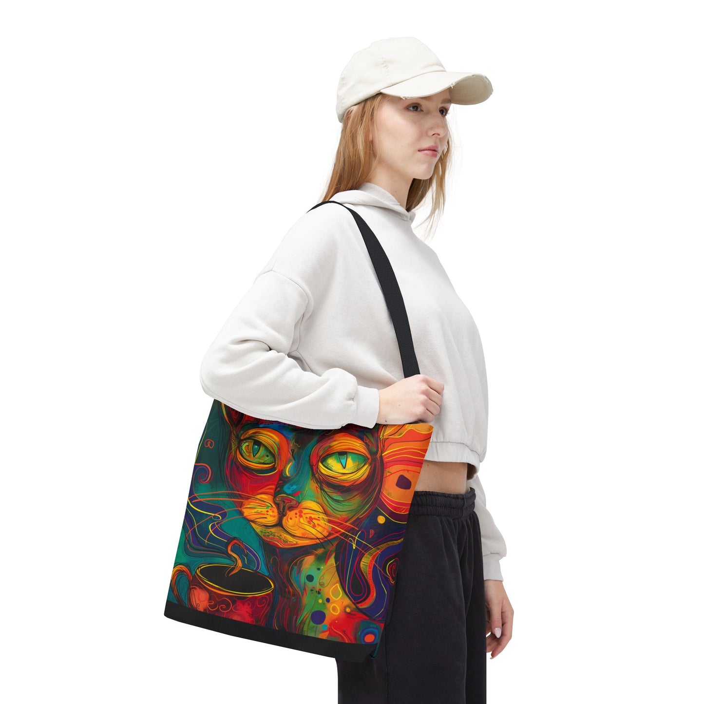 Abstract Cat Coffee Tote Bag AOP Reusable Shopping Bag, Durable Polyester Cat Lover Gift for Coffee Fans