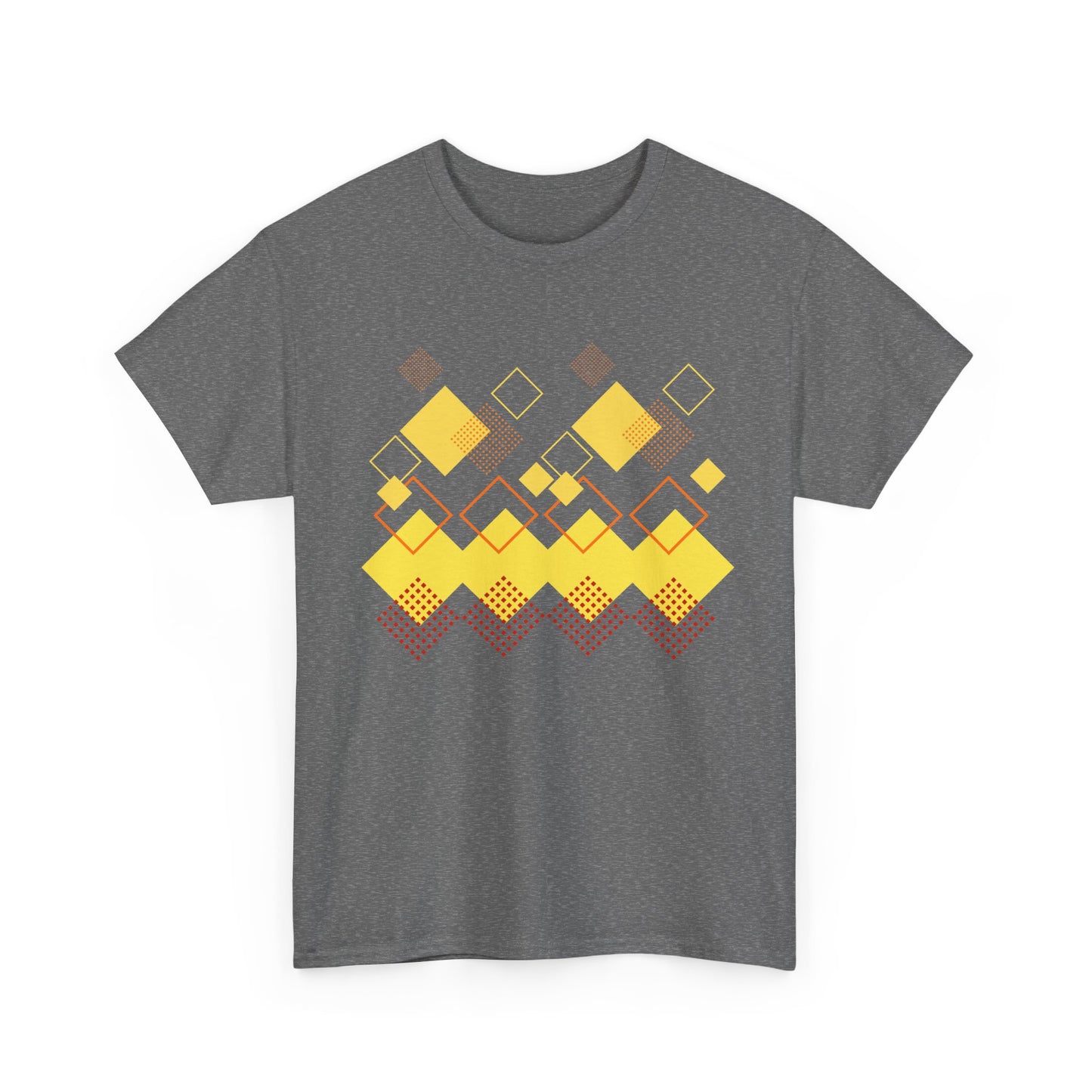 Geometric Diamond Pattern T-Shirt, Retro Pixel Art Tee, Golden Crown Graphic Shirt, Abstract Squares Design, Unisex Minimalist Black Tee