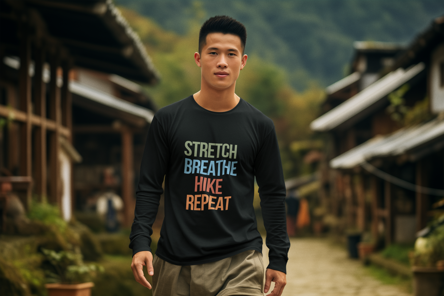Stretch Breathe Hike Repeat Long Sleeve Shirt | Outdoor Motivation Tee