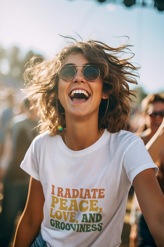 Unisex Garment-Dyed T-shirt: I Radiate Peace, Love, and Grooviness, Casual Wear, Festival Shirt, Boho Style, Gift for Friends, Summer Vibes