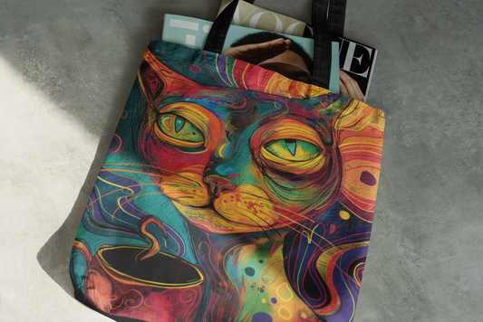 Abstract Cat Coffee Tote Bag AOP Reusable Shopping Bag, Durable Polyester Cat Lover Gift for Coffee Fans