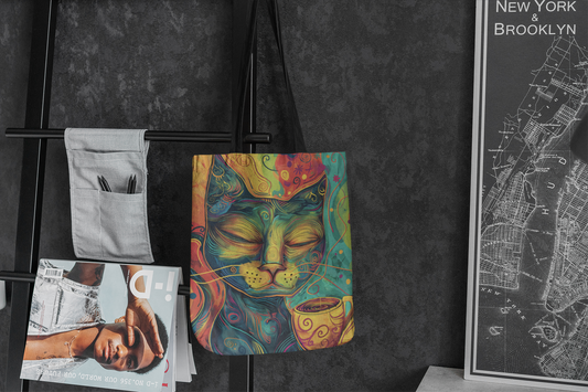 Whimsical Cat Coffee Tote AOP Reusable Shopping Bag, Artistic Cat Lover Gift, Stylish Tote for Women