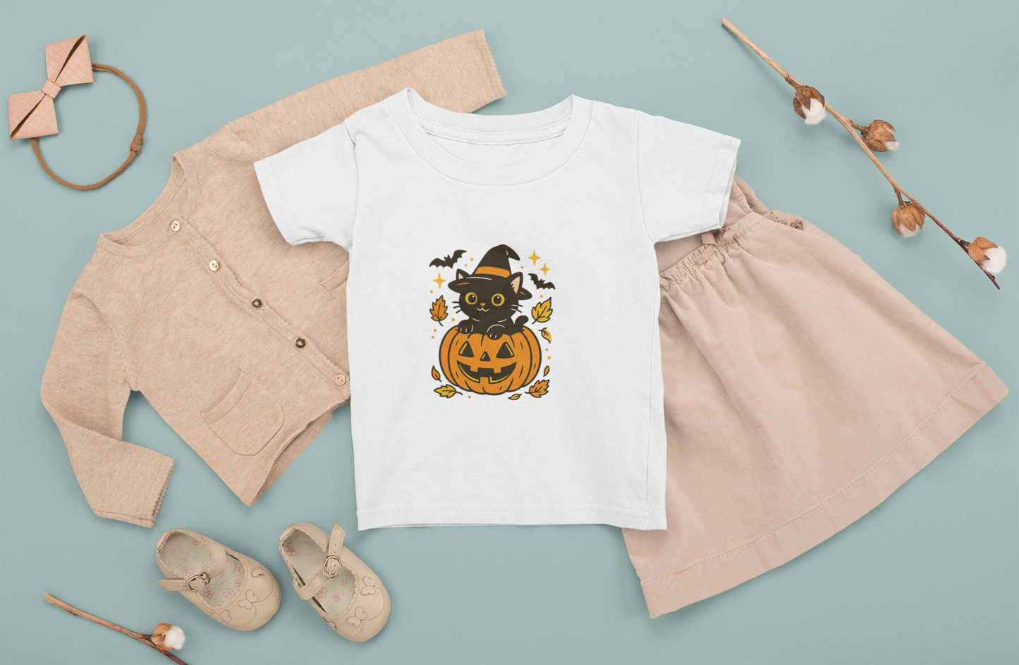 Halloween Cat Toddler T-Shirt Cute Kids Costume Top, Pumpkin Tee, Little Witch Toddler Shirt