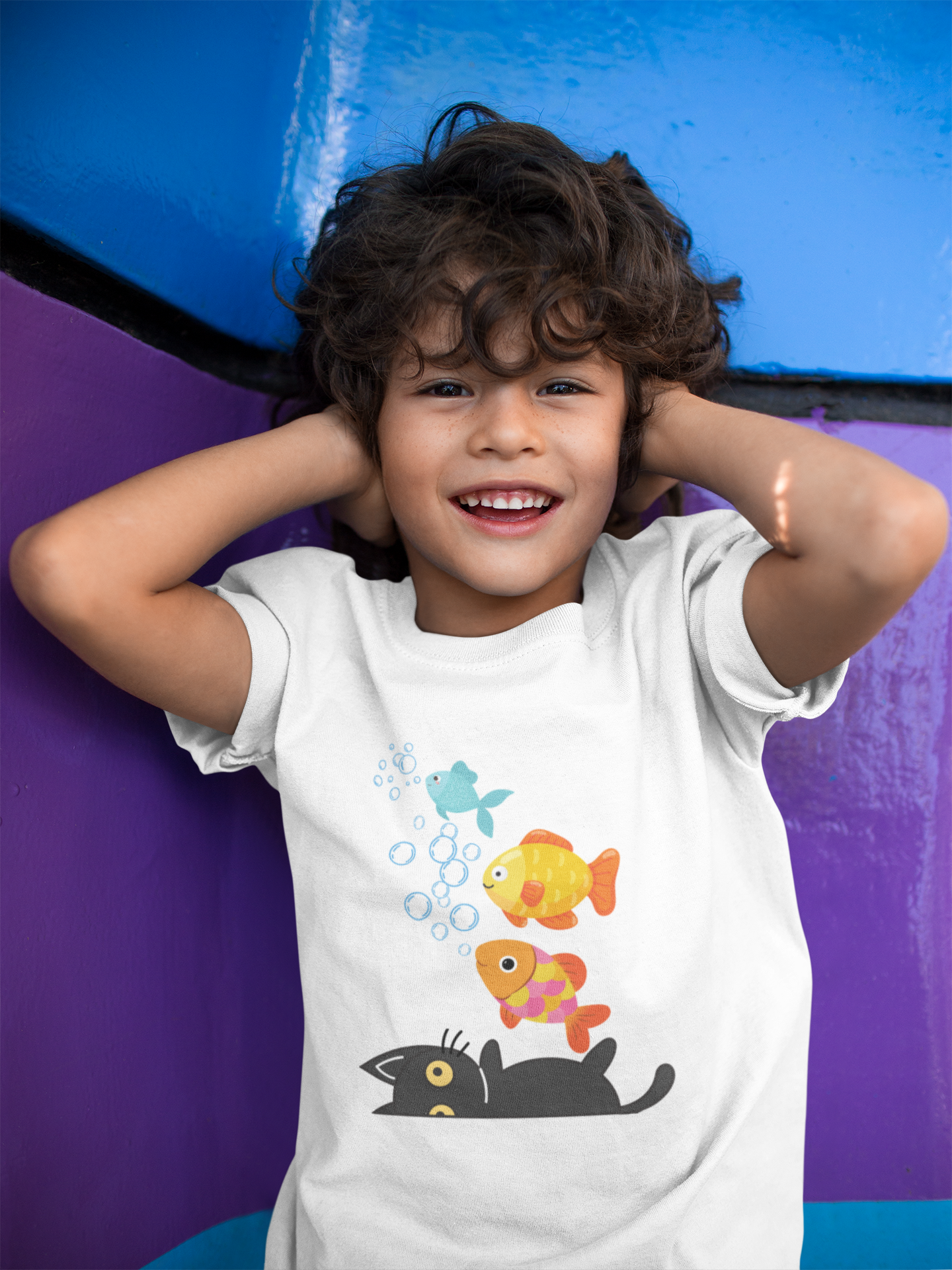 Whimsical Cat and Fish Toddler Tee, Cute Kids Shirt, Summer Outfit, Birthday Gift, Playdate Apparel, Fun Animal Design