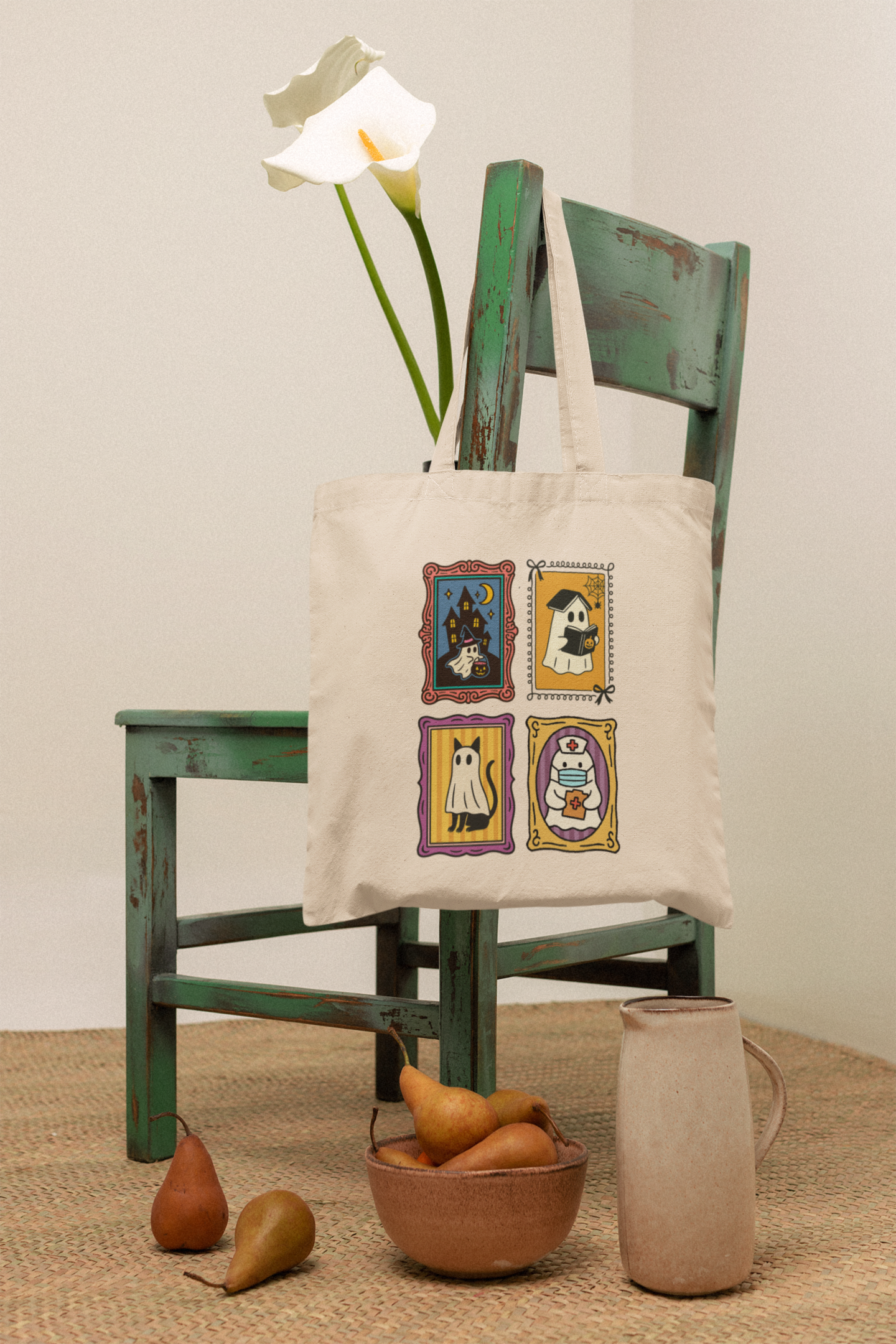 Spooky Ghosts Halloween Tote Bag, Eco Friendly Cotton Bag for Trick or Treat, Cute Reusable Shopping Tote, Fall Ghost Bag