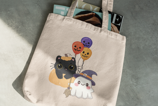 Cute Halloween Cotton Canvas Tote Bag, Trick or Treat Bag, Cat and Ghost Tote, Fall Shopping Bag, Eco Friendly Gift