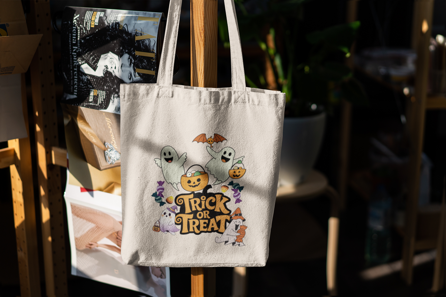 Halloween Cotton Canvas Tote Bag, Trick or Treat Shopper Bag, Eco-Friendly Gift, Spooky Decoration, Halloween Party Favor