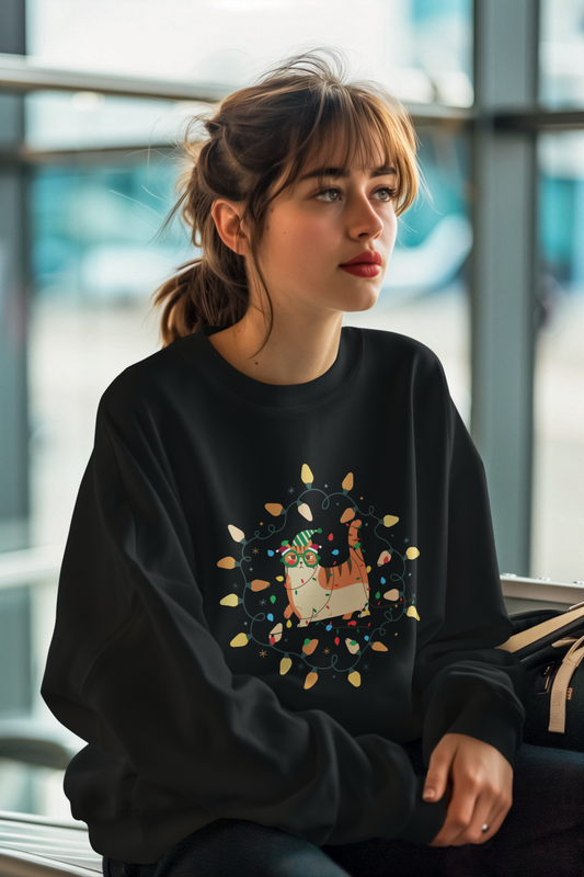 Holiday Cat Sweatshirt – Cute Festive Lights Christmas Crewneck
