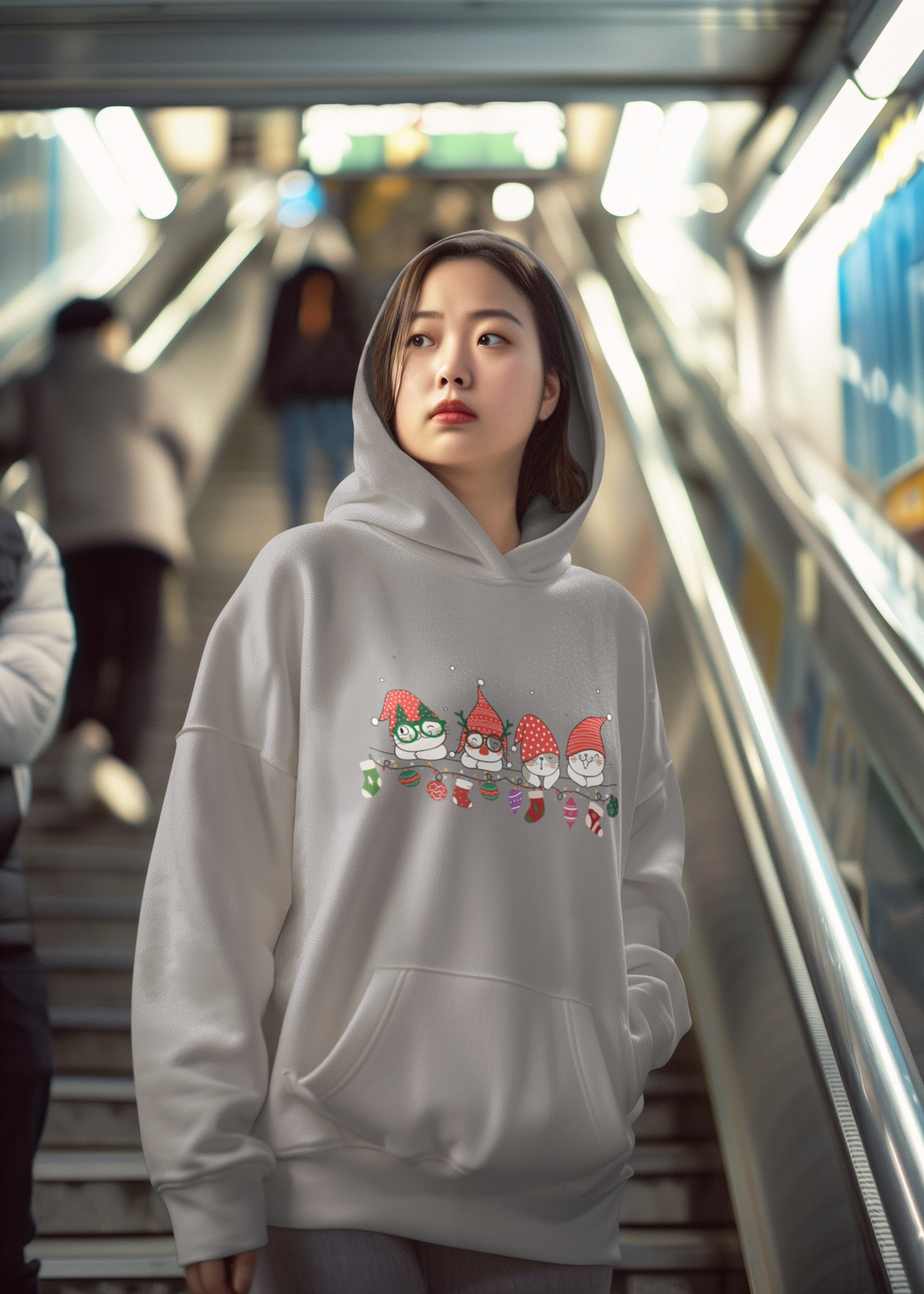 Holiday Cat Gnome Hoodie with Stockings and Ornaments