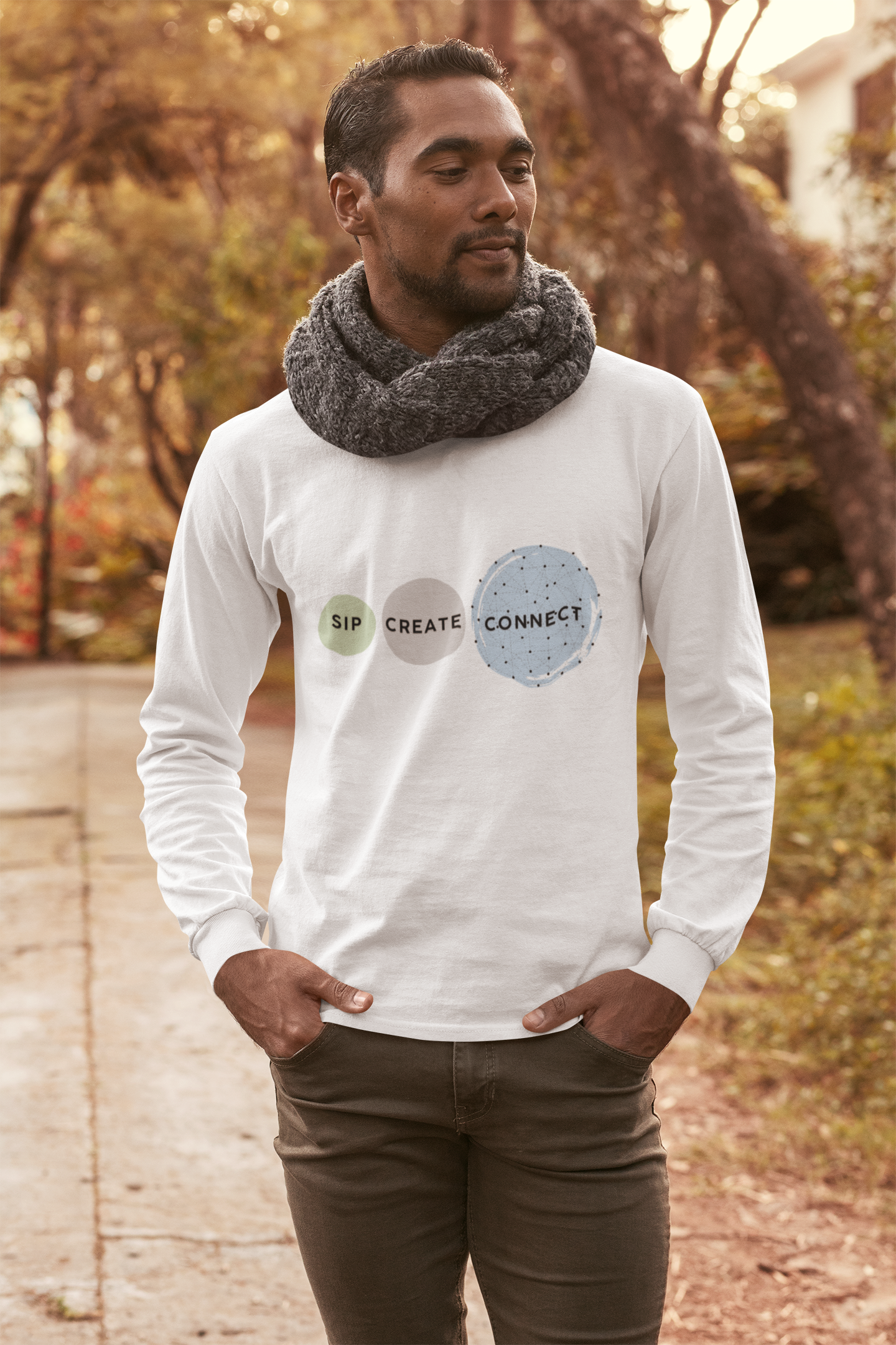 Sip Create Connect Long Sleeve Tee | Coffee and Creativity Graphic
