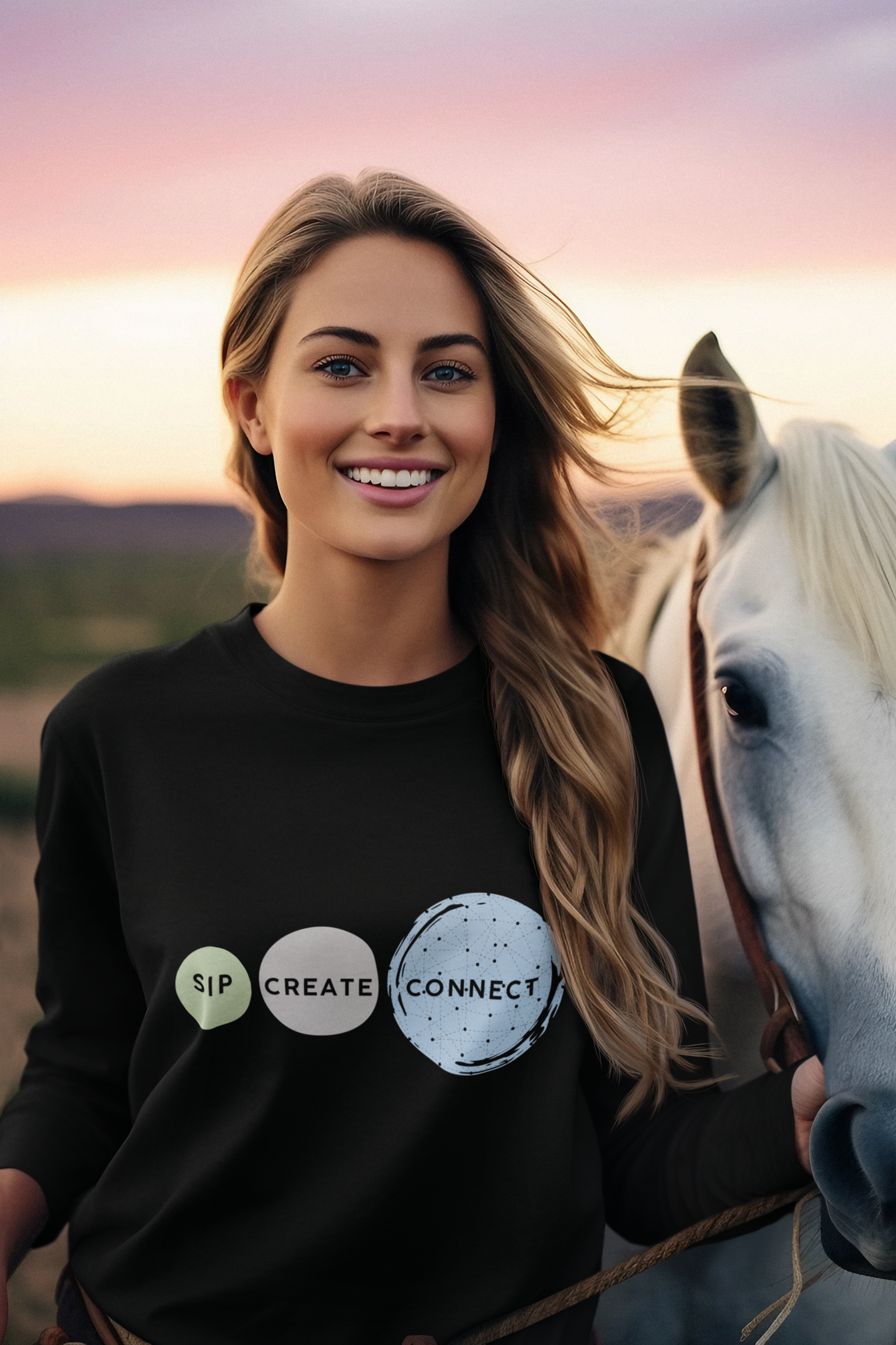 Sip Create Connect Long Sleeve Tee | Coffee and Creativity Graphic