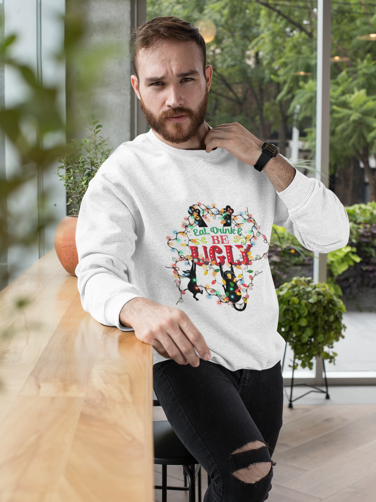 Funny Christmas Cat Sweatshirt | "Eat Drink & Be Ugly" Holiday Sweater