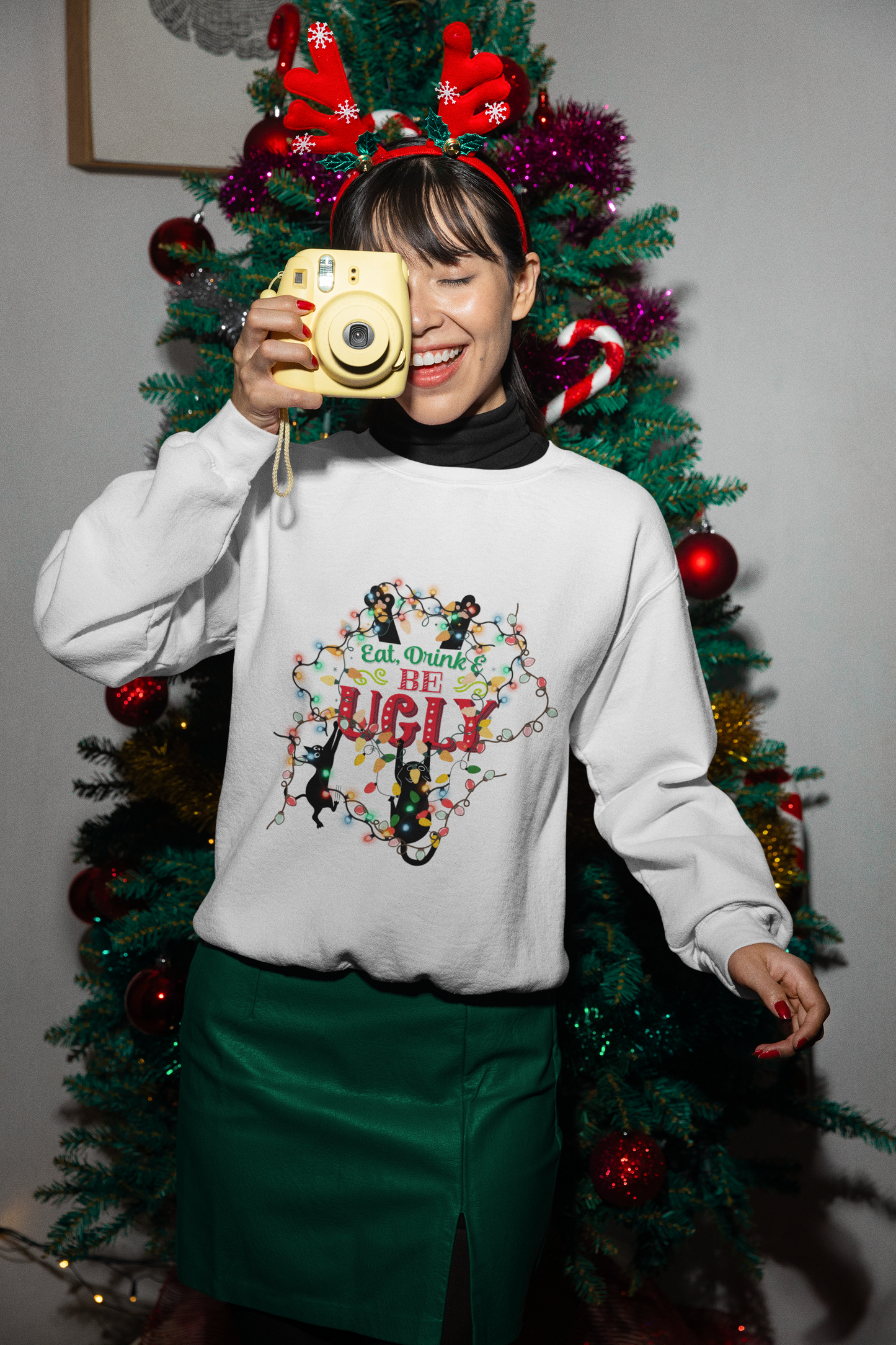 Funny Christmas Cat Sweatshirt | "Eat Drink & Be Ugly" Holiday Sweater