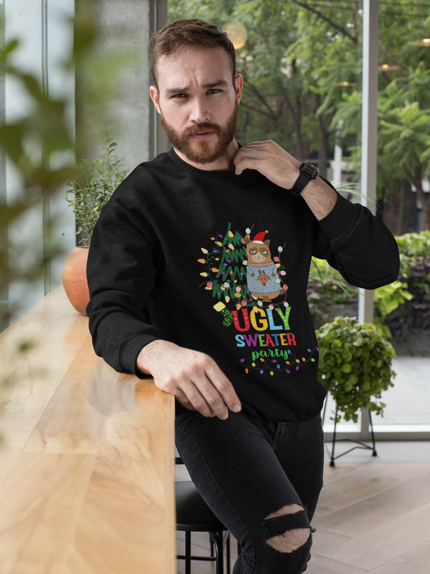 Holiday Ugly Sweater Cat Tee | Cute Grumpy Cat Christmas Sweatshirt | Festive Cat Lover Gift