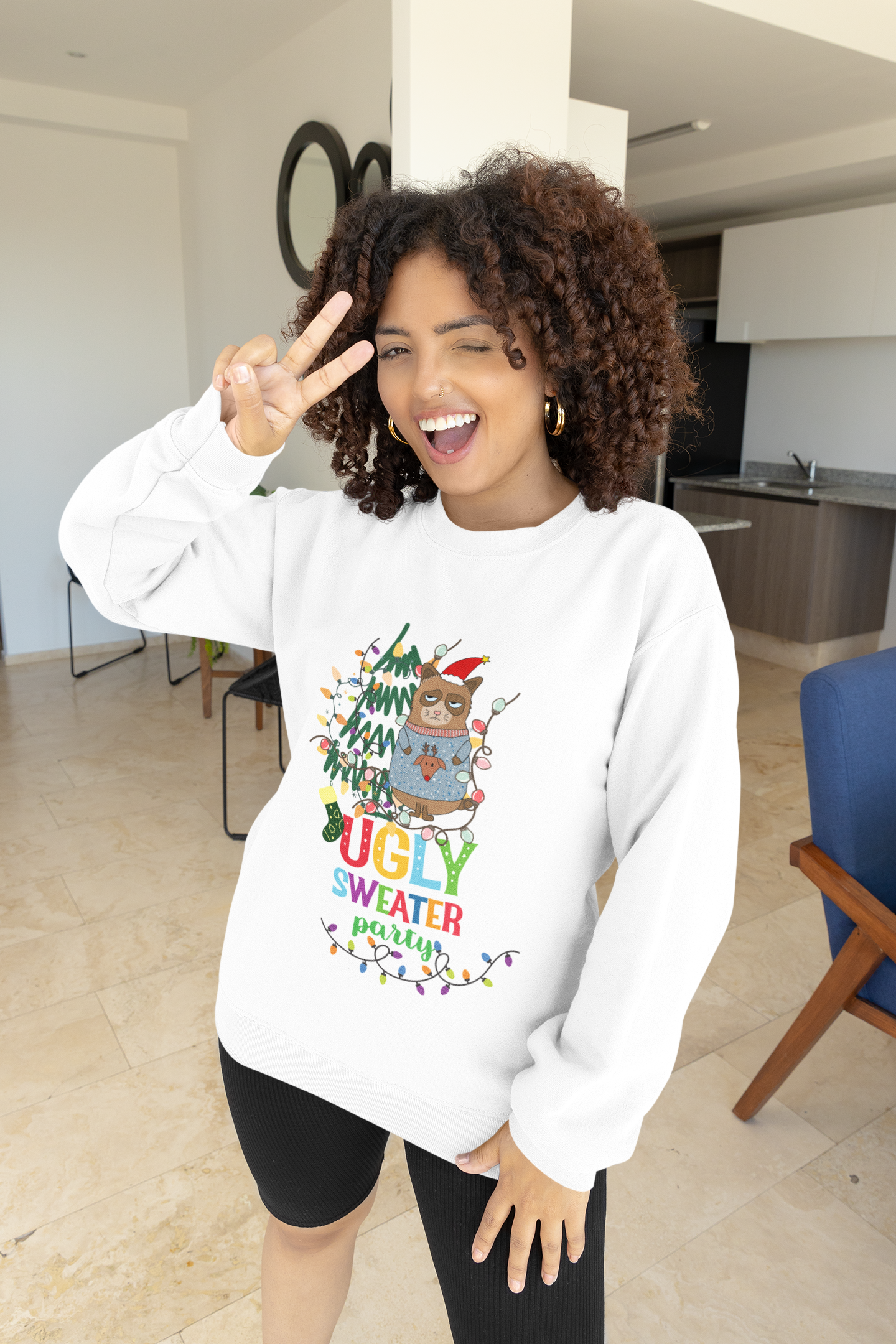 Holiday Ugly Sweater Cat Tee | Cute Grumpy Cat Christmas Sweatshirt | Festive Cat Lover Gift