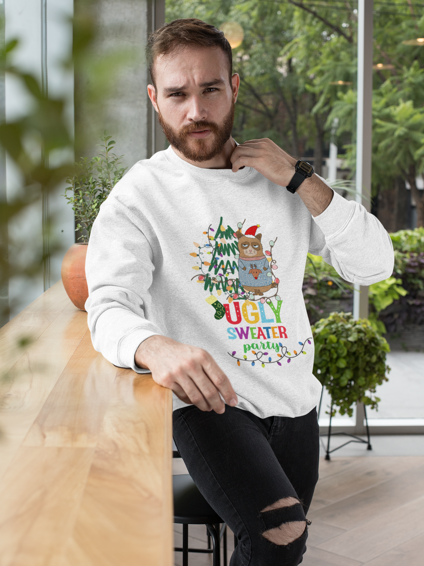 Holiday Ugly Sweater Cat Tee | Cute Grumpy Cat Christmas Sweatshirt | Festive Cat Lover Gift