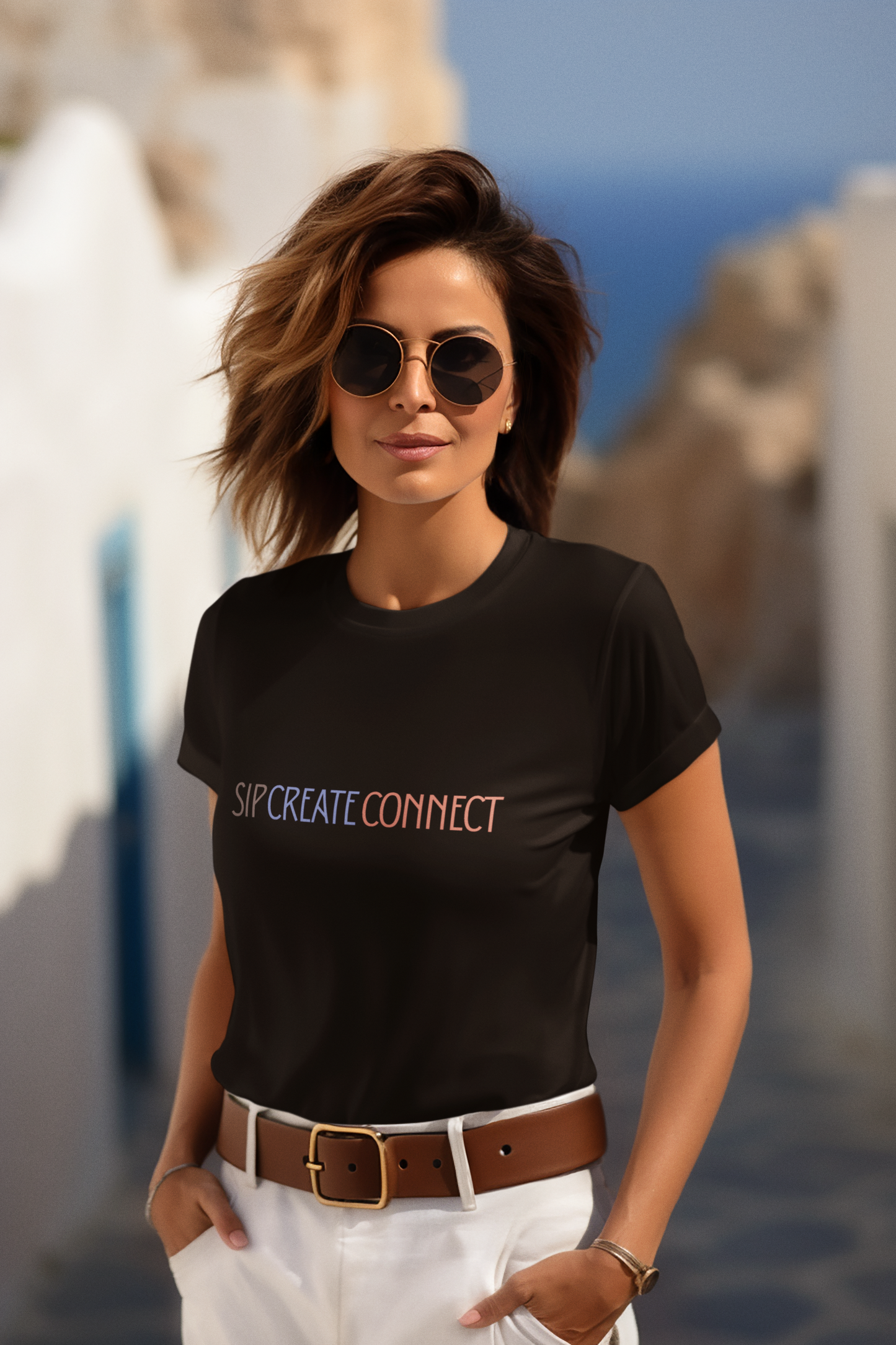 Sip Create Connect T-Shirt | Minimal Pastel Typography Tee | Creative Community Shirt
