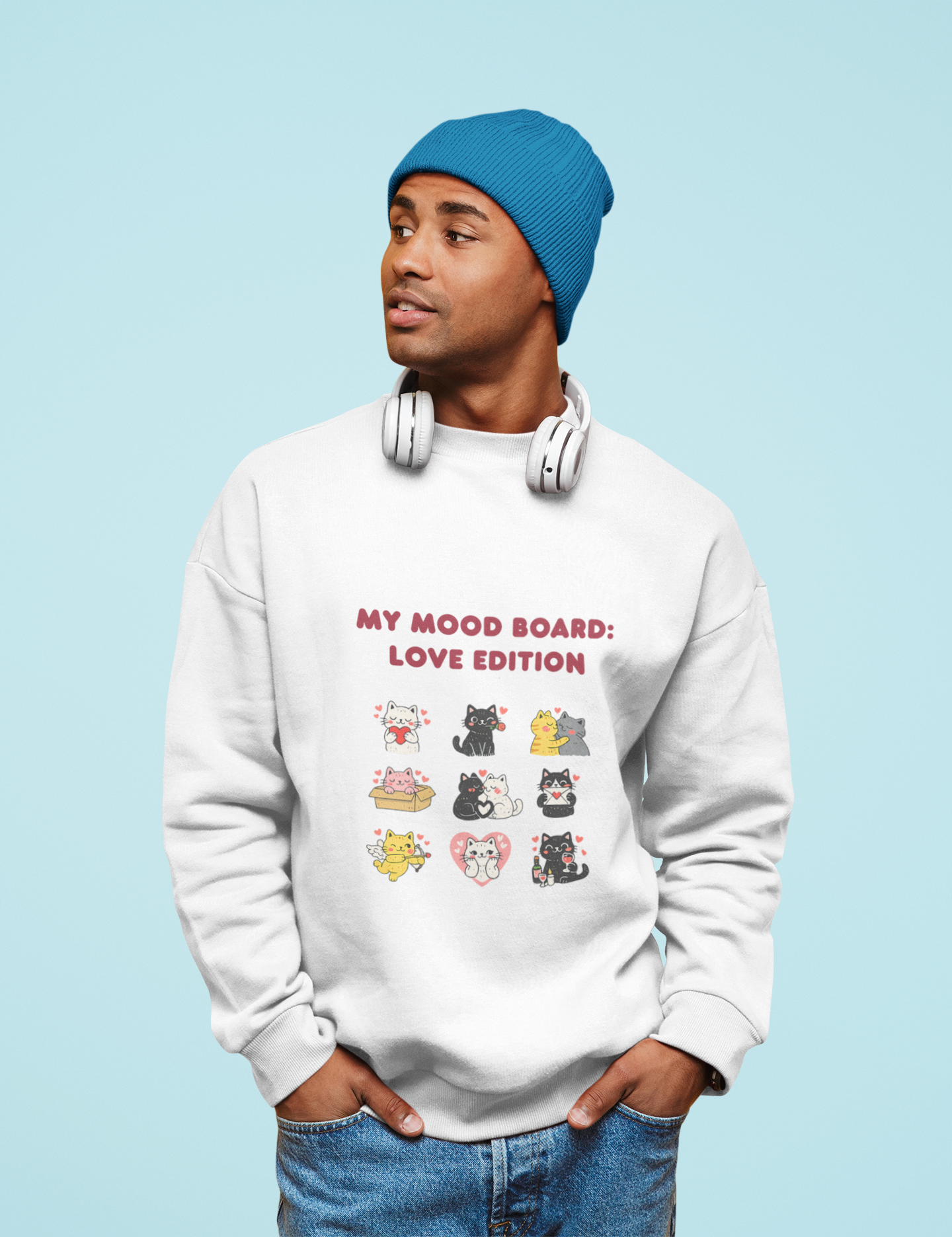 Cute Cat Mood Board Crewneck Sweatshirt, Love Edition Graphic Cat Sweater, Cozy Unisex Cat Lover Gift