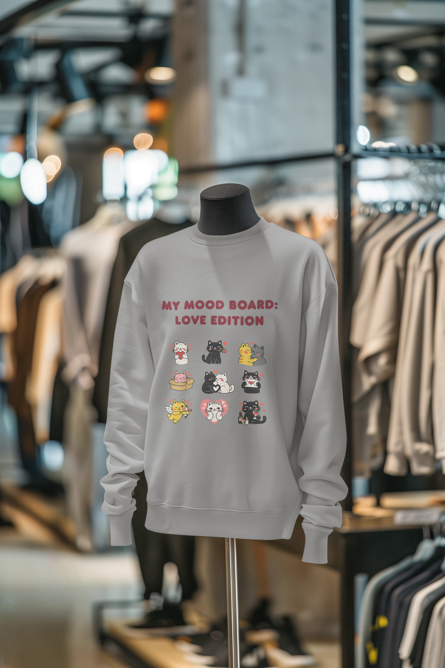 Cute Cat Mood Board Crewneck Sweatshirt, Love Edition Graphic Cat Sweater, Cozy Unisex Cat Lover Gift