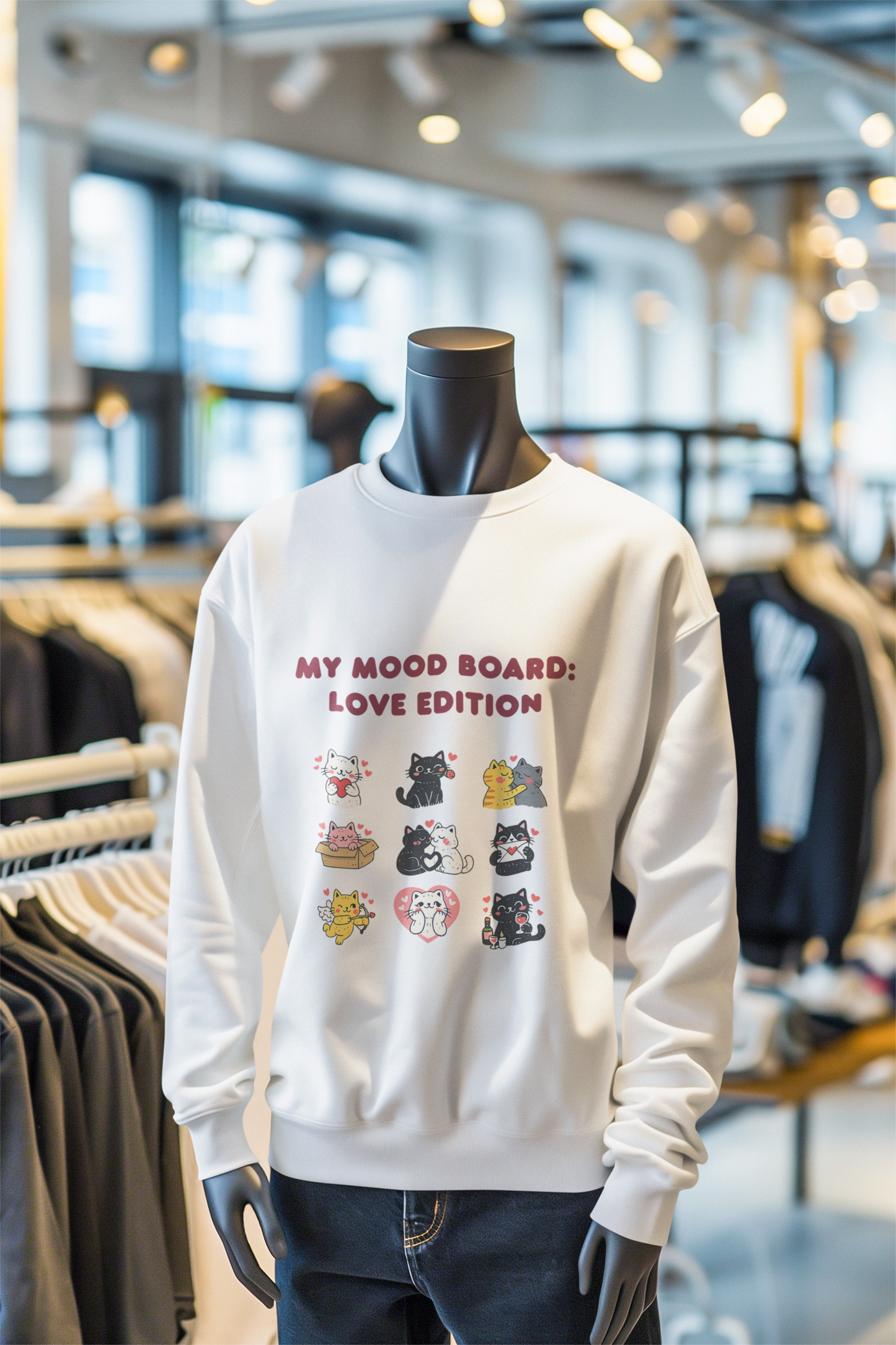 Cute Cat Mood Board Crewneck Sweatshirt, Love Edition Graphic Cat Sweater, Cozy Unisex Cat Lover Gift