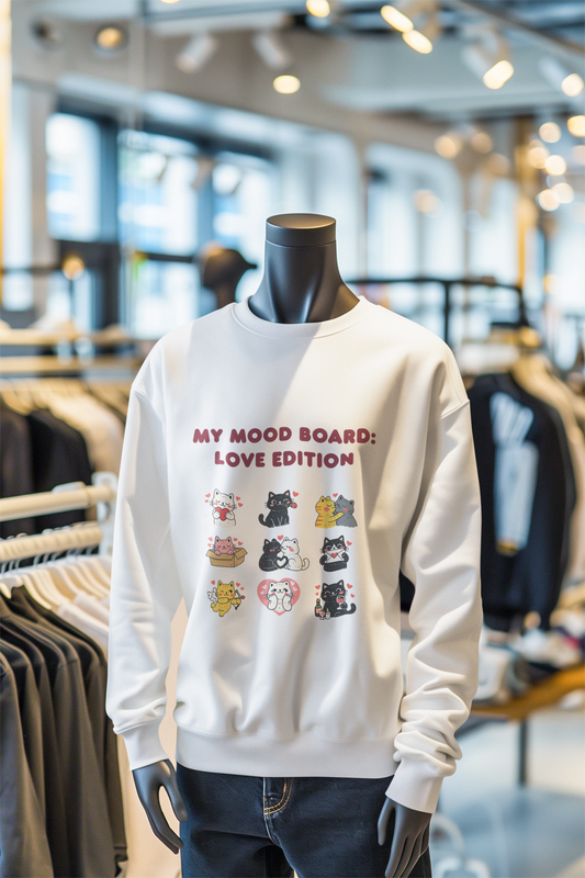 Cute Cat Mood Board Crewneck Sweatshirt, Love Edition Graphic Cat Sweater, Cozy Unisex Cat Lover Gift