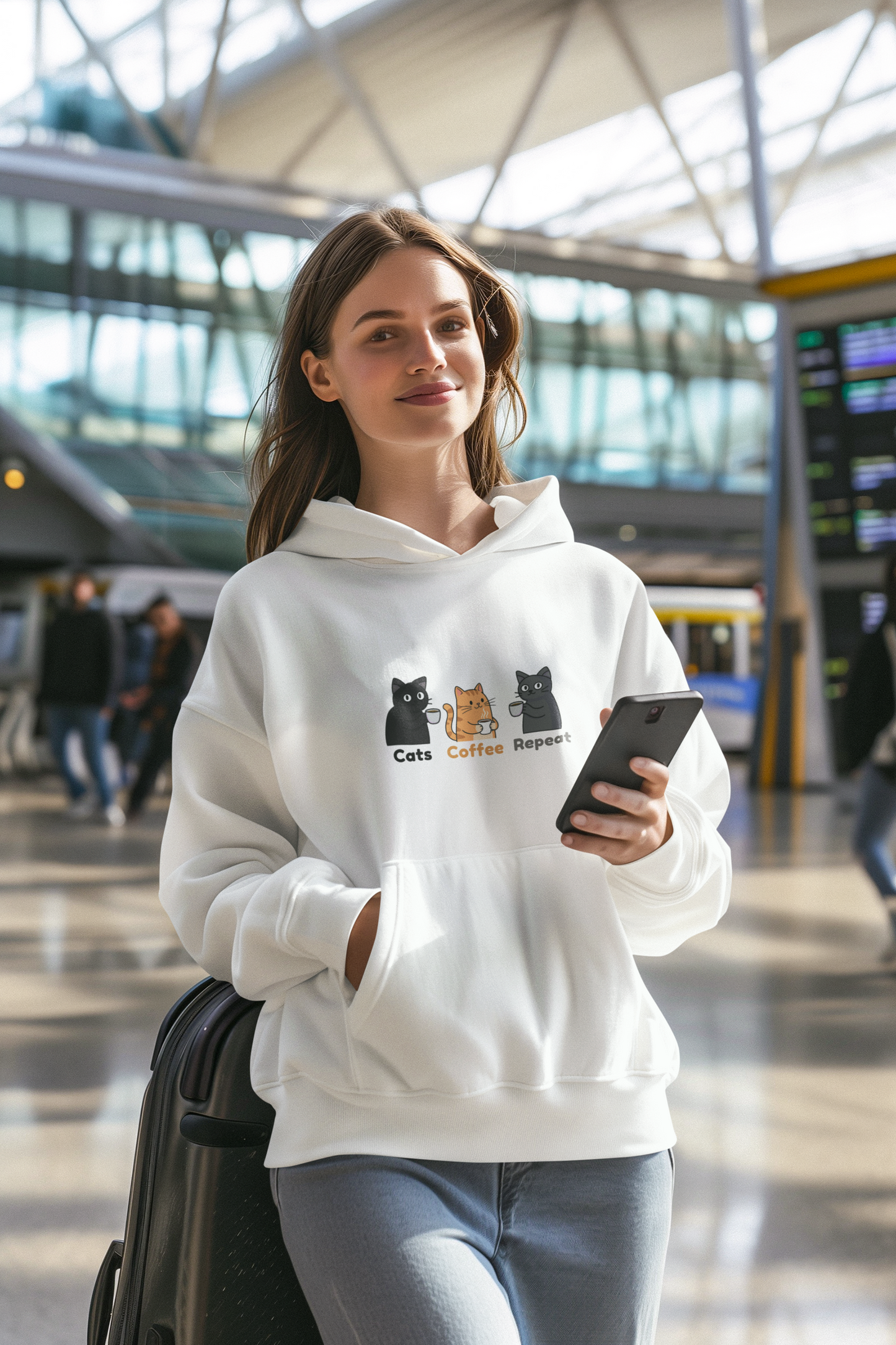 Cats Coffee Repeat Hoodie Cute Cat Coffee Graphic Cozy Unisex Sweatshirt Funny Cat Lover Gift