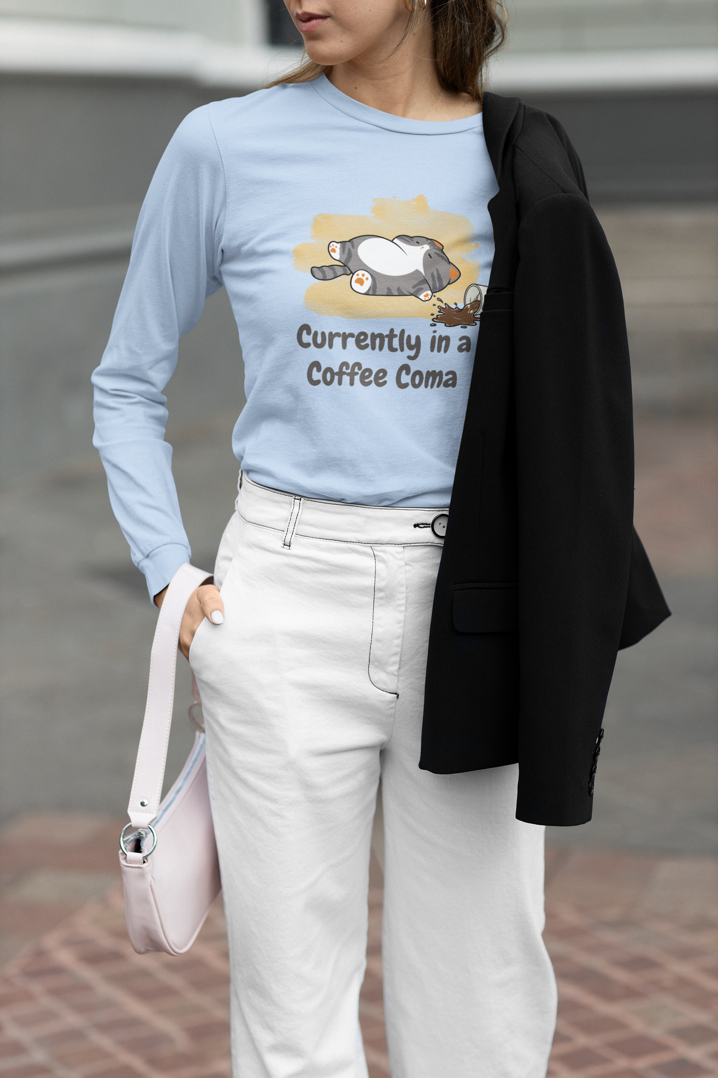 Currently in a Coffee Coma Long Sleeve Shirt | Funny Coffee Lover Cat Tee