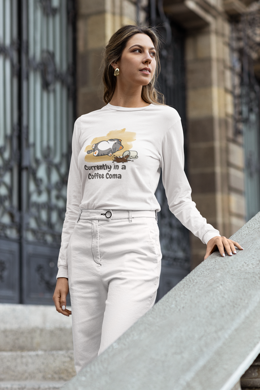Currently in a Coffee Coma Long Sleeve Shirt | Funny Coffee Lover Cat Tee