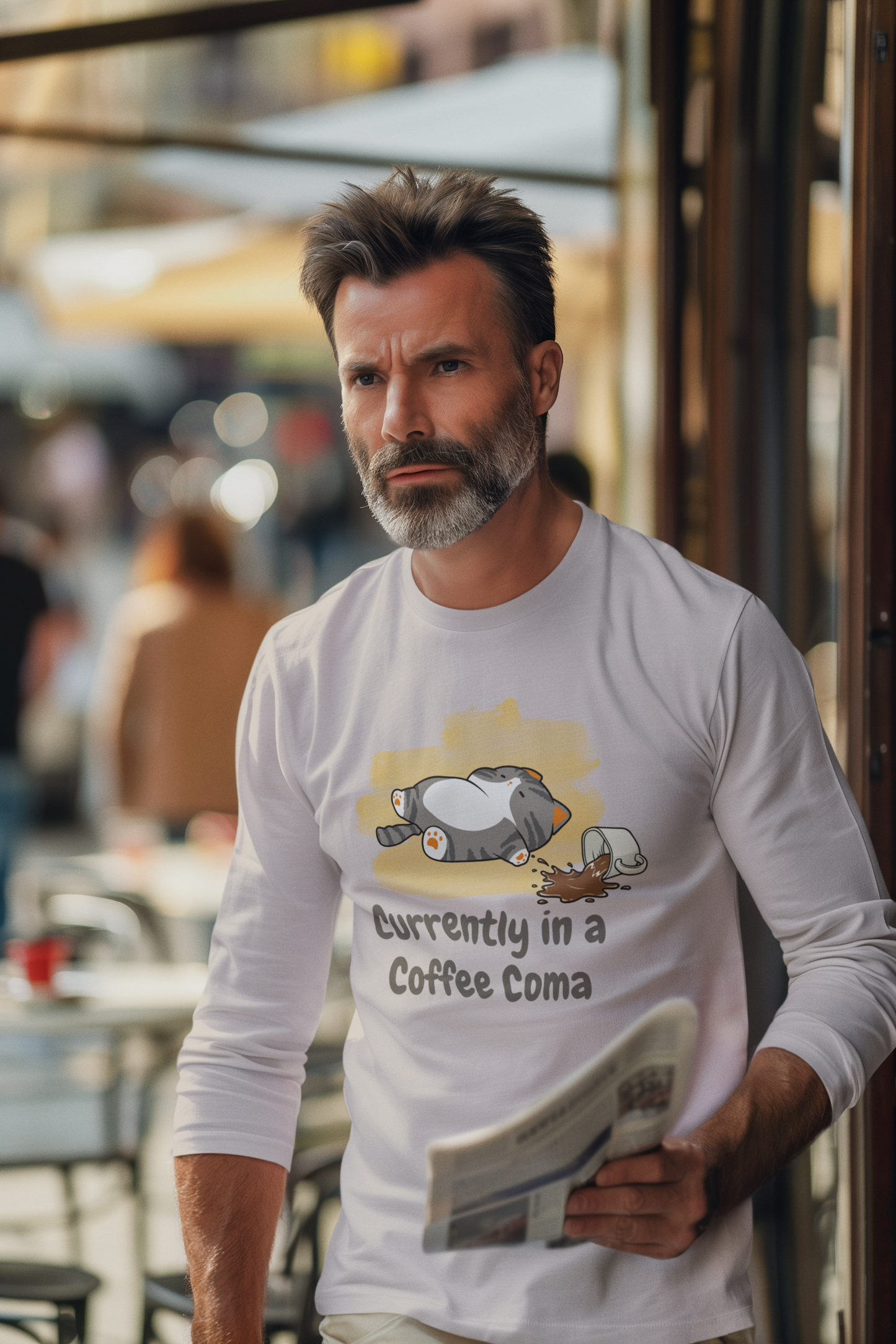 Currently in a Coffee Coma Long Sleeve Shirt | Funny Coffee Lover Cat Tee