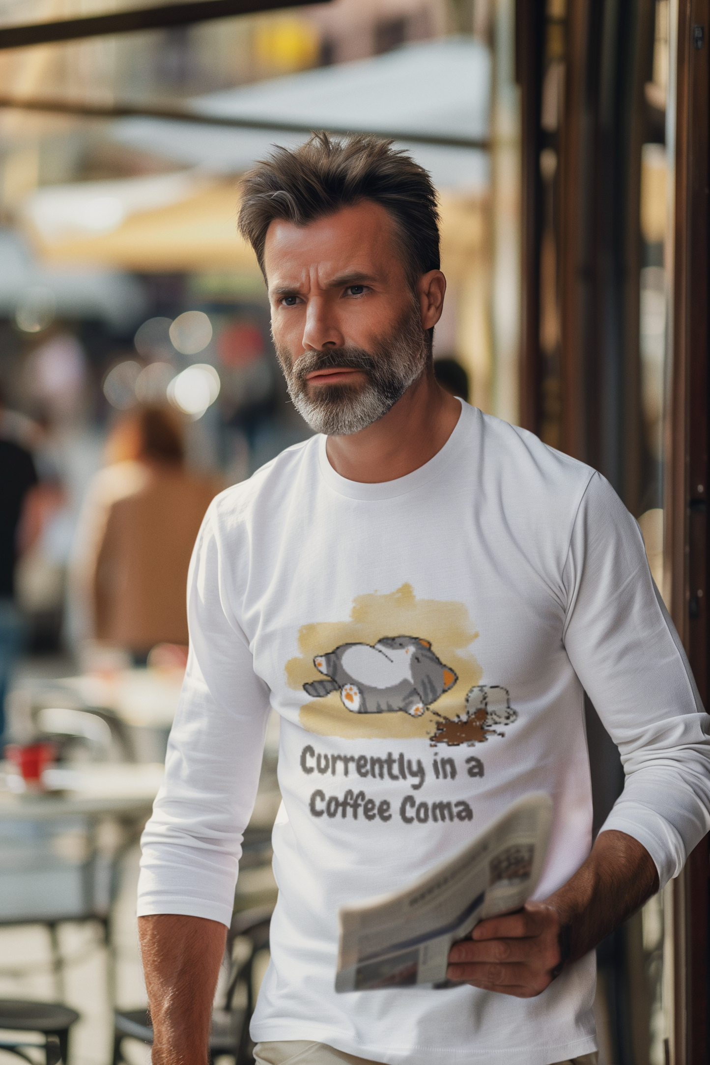 Currently in a Coffee Coma Long Sleeve Shirt | Funny Coffee Lover Cat Tee