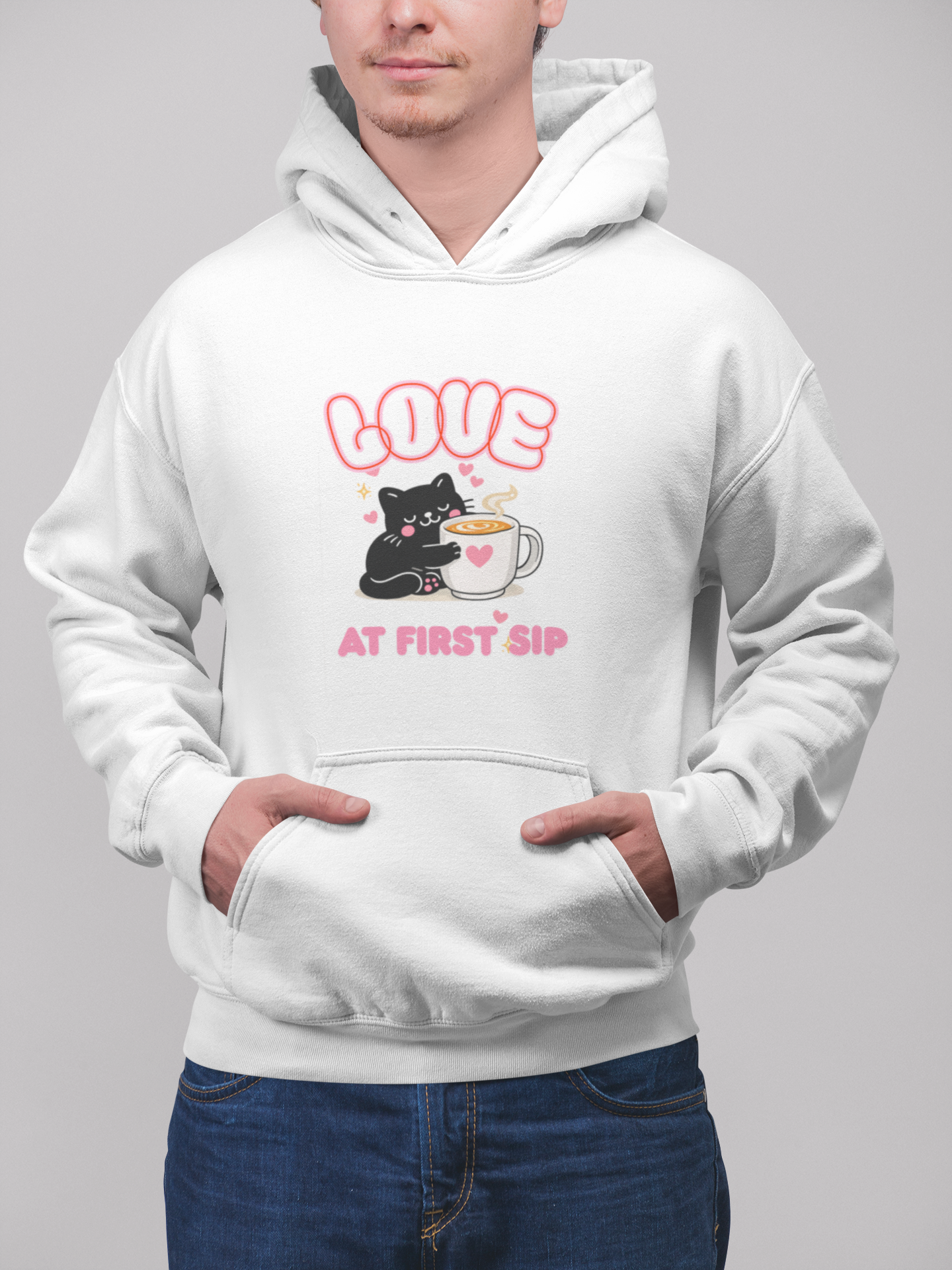 Love at First Sip Cat Hoodie | Cute Coffee Lover Unisex Sweatshirt