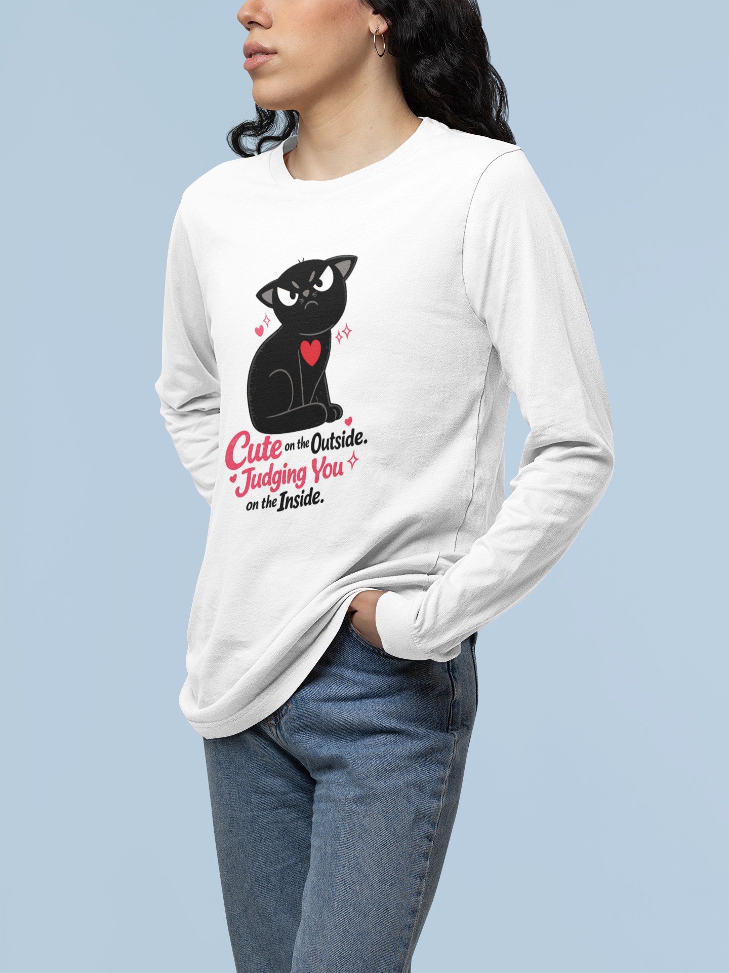Funny Judging Cat Long Sleeve Shirt, Cute Black Cat Illustration Tee with Quote, Cat Lover Gift, Graphic Cat Top